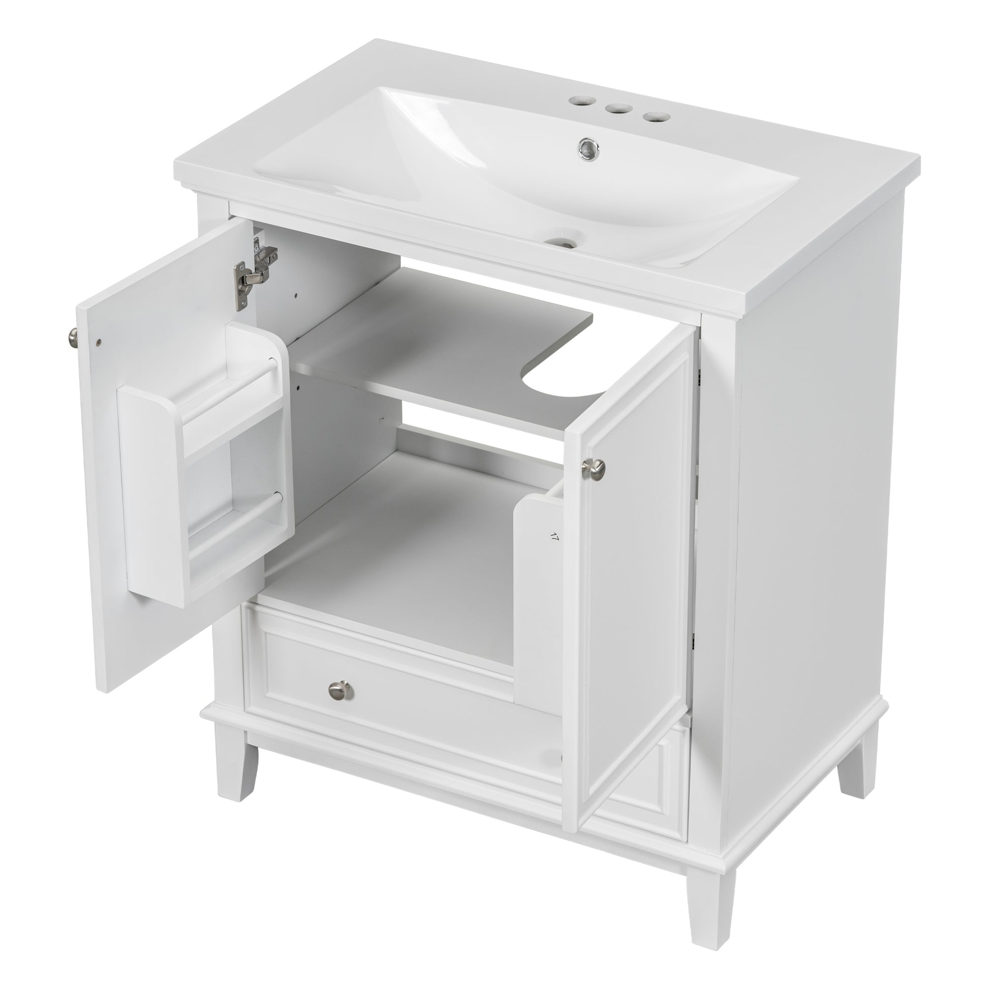 30" Bathroom Vanity With Sink Combo, Multi Functional Bathroom Cabinet With Doors And Drawer, Solid Frame And Mdf Board, White White Solid Wood Mdf