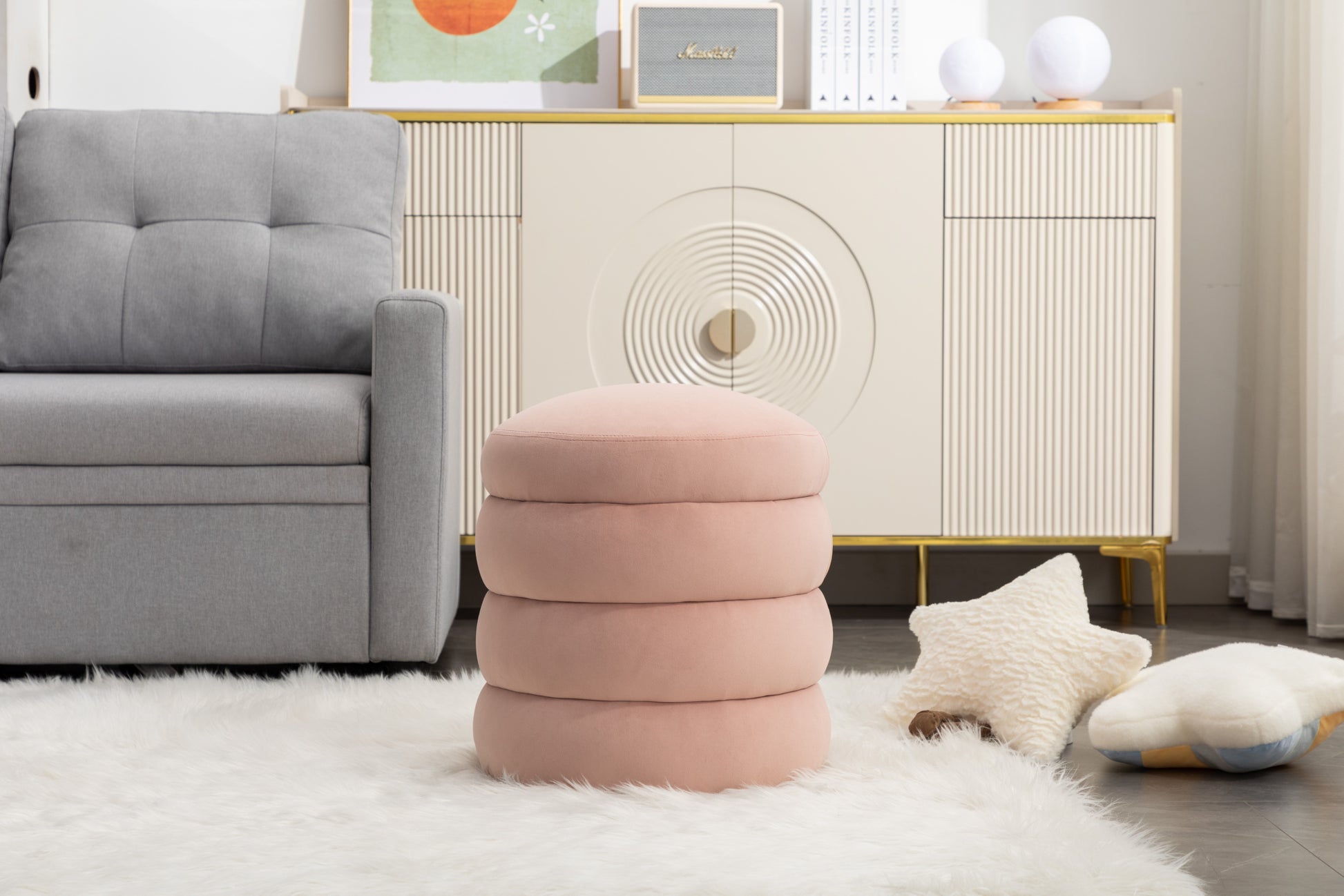 006 Soft Velvet Round Ottoman Footrest Stool,Pink Pink Velvet