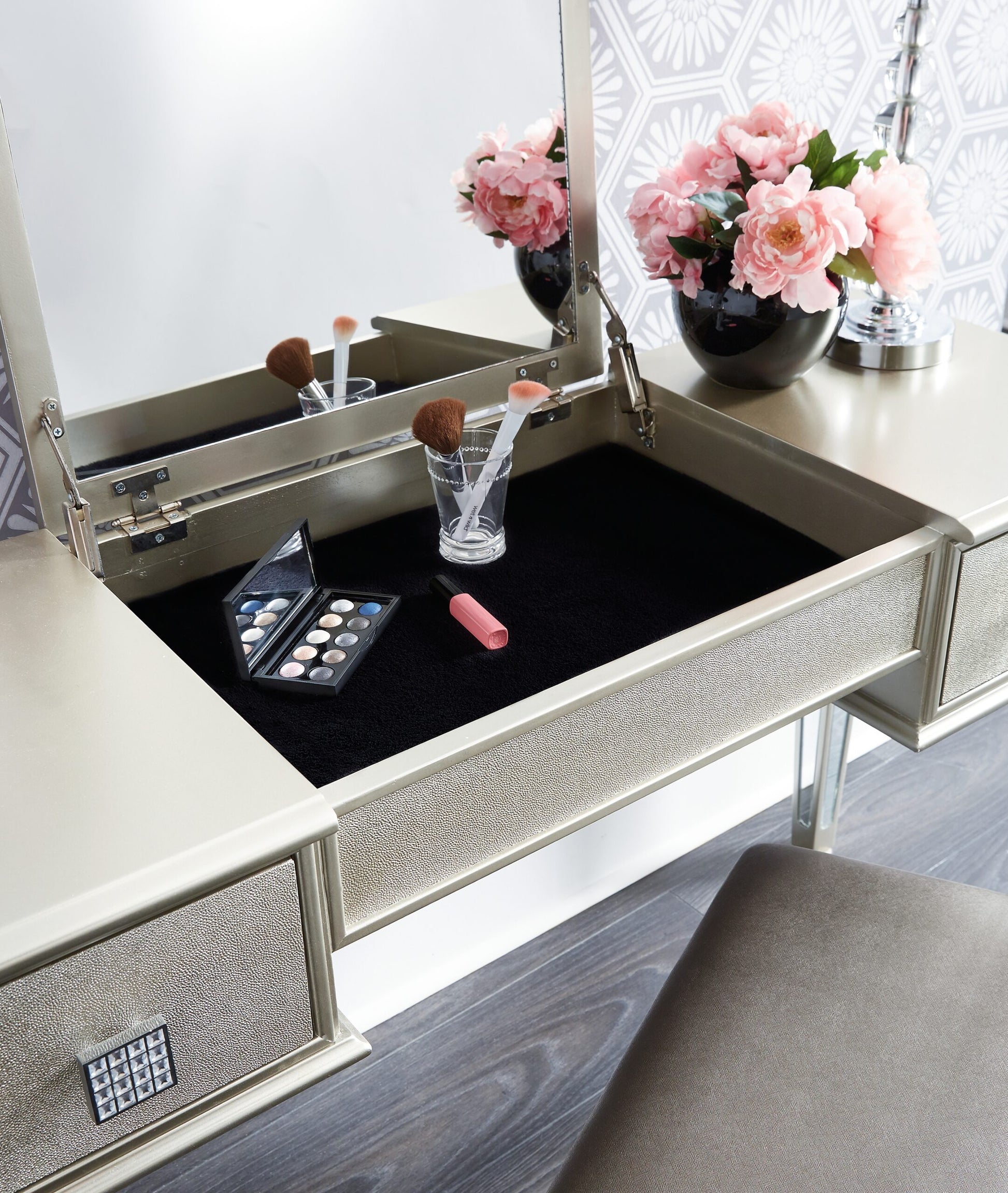 Mirrored Vanities Desk With Drawers, Bedroom Makeup Vanity Table Set With Mirror And Stool, Flip Up Dressing Table For Bedroom Makeup Room, Working Desk For Women, Girl Furniture Combo Hinged Silver White Drawer 2 Drawers Bedroom Felt Lined Drawers