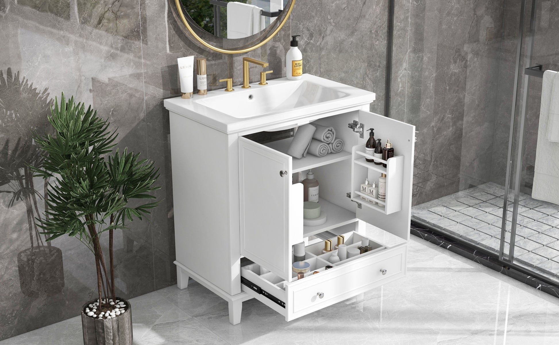 30" Bathroom Vanity With Sink Combo, Multi Functional Bathroom Cabinet With Doors And Drawer, Solid Frame And Mdf Board, White White Solid Wood Mdf