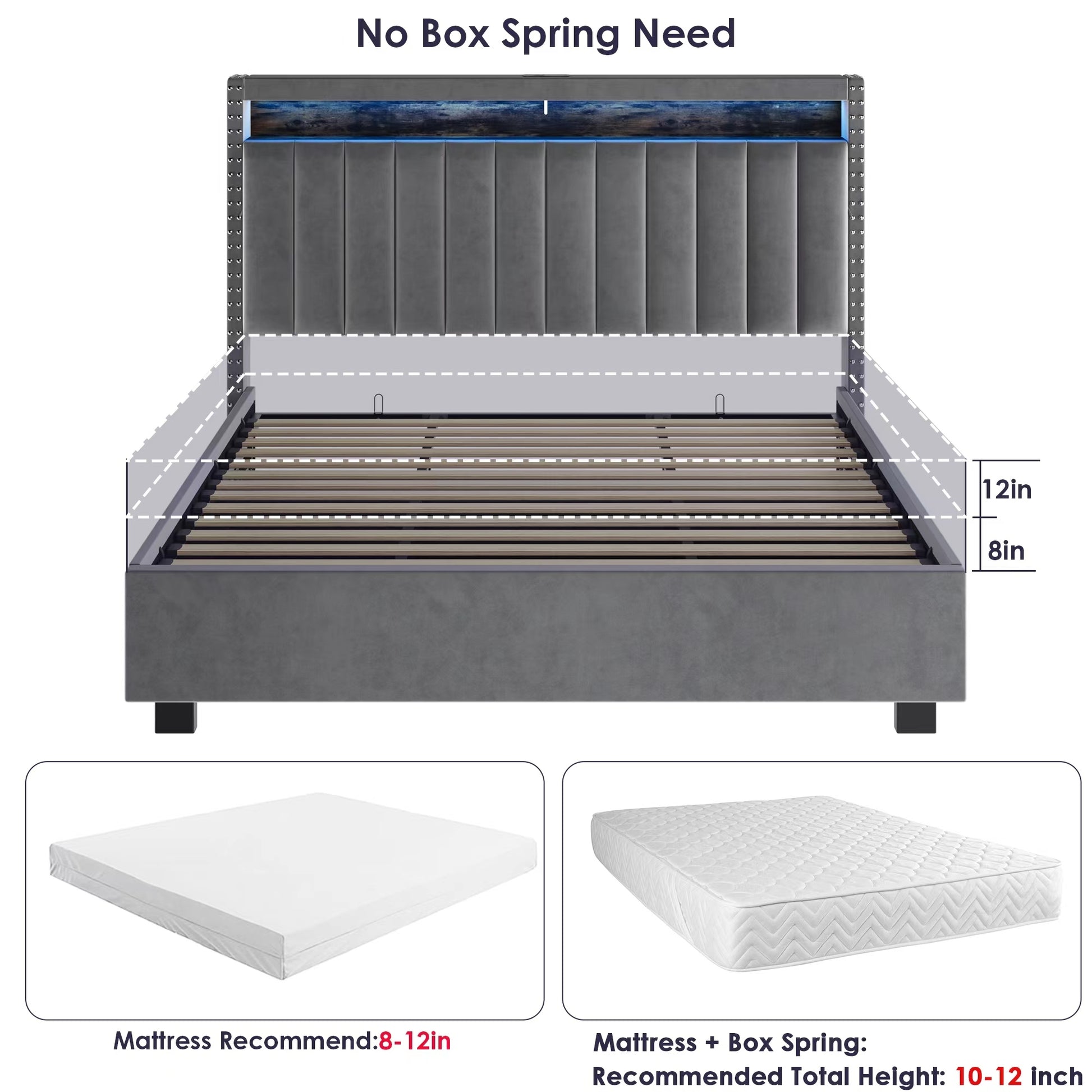 Luxury Gas Lift Storage Bed With Rf Led Lights, Storage Headboard ,King Size ,Velvet Grey Box Spring Not Required King Dark Gray Wood Brown Bedroom American Design Poplar Slat Beds Polyurethane Foam Velvet Metal & Wood