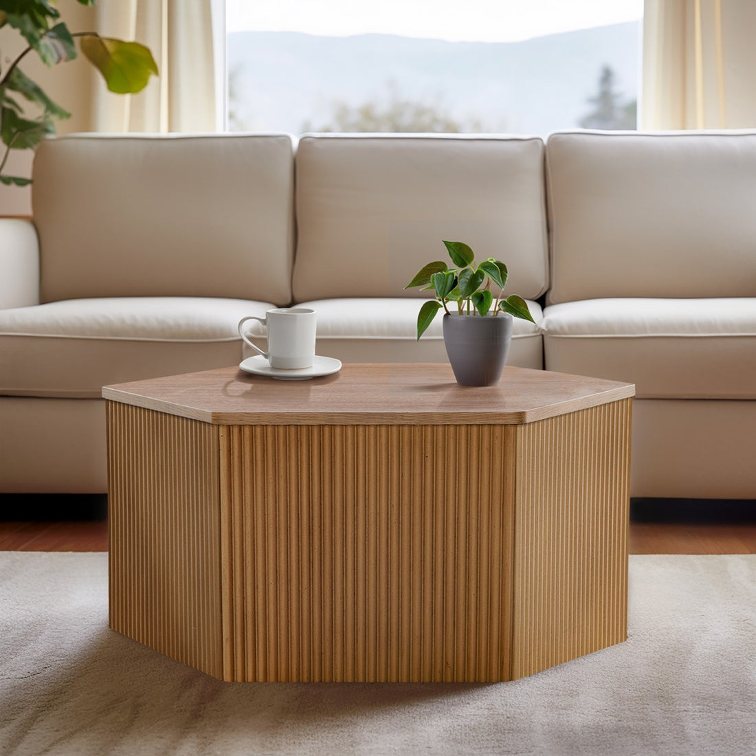 Fluted Hexagon Coffee Table Natural Wood