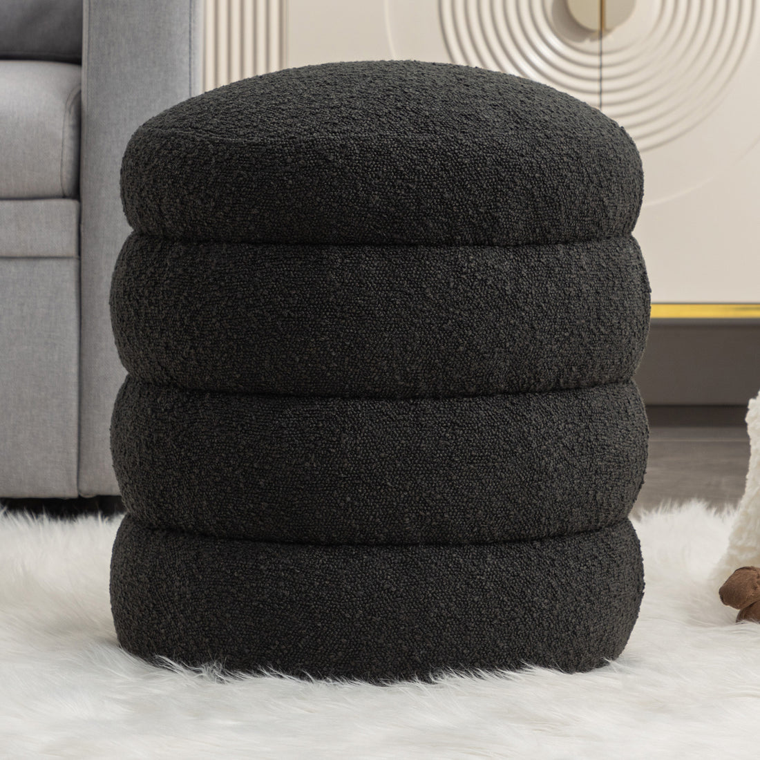 006 Soft Boucle Round Ottoman Footrest Stool,Black Black Boucle