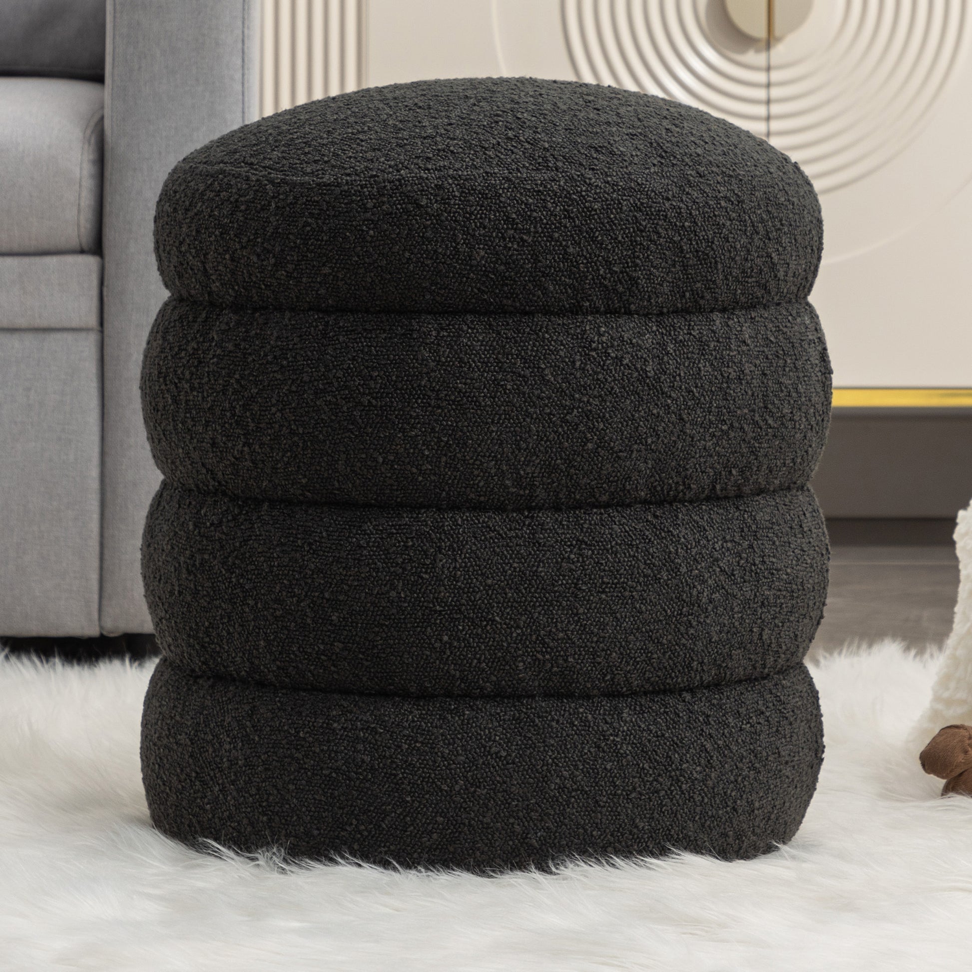 006 Soft Boucle Round Ottoman Footrest Stool,Black Black Boucle