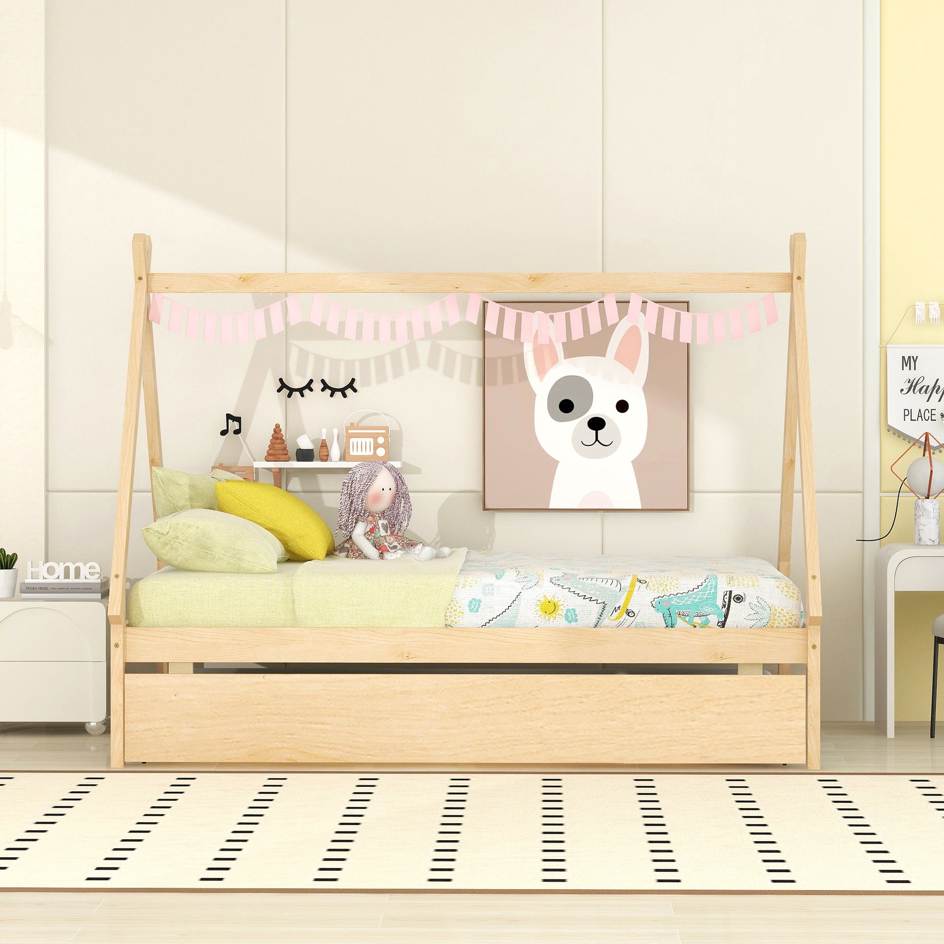 Twin Size Tent Floor Bed, Teepee Bed, With Trundle,Natural Twin Natural Wood Bedroom American Design Pine Bed Frame Pine