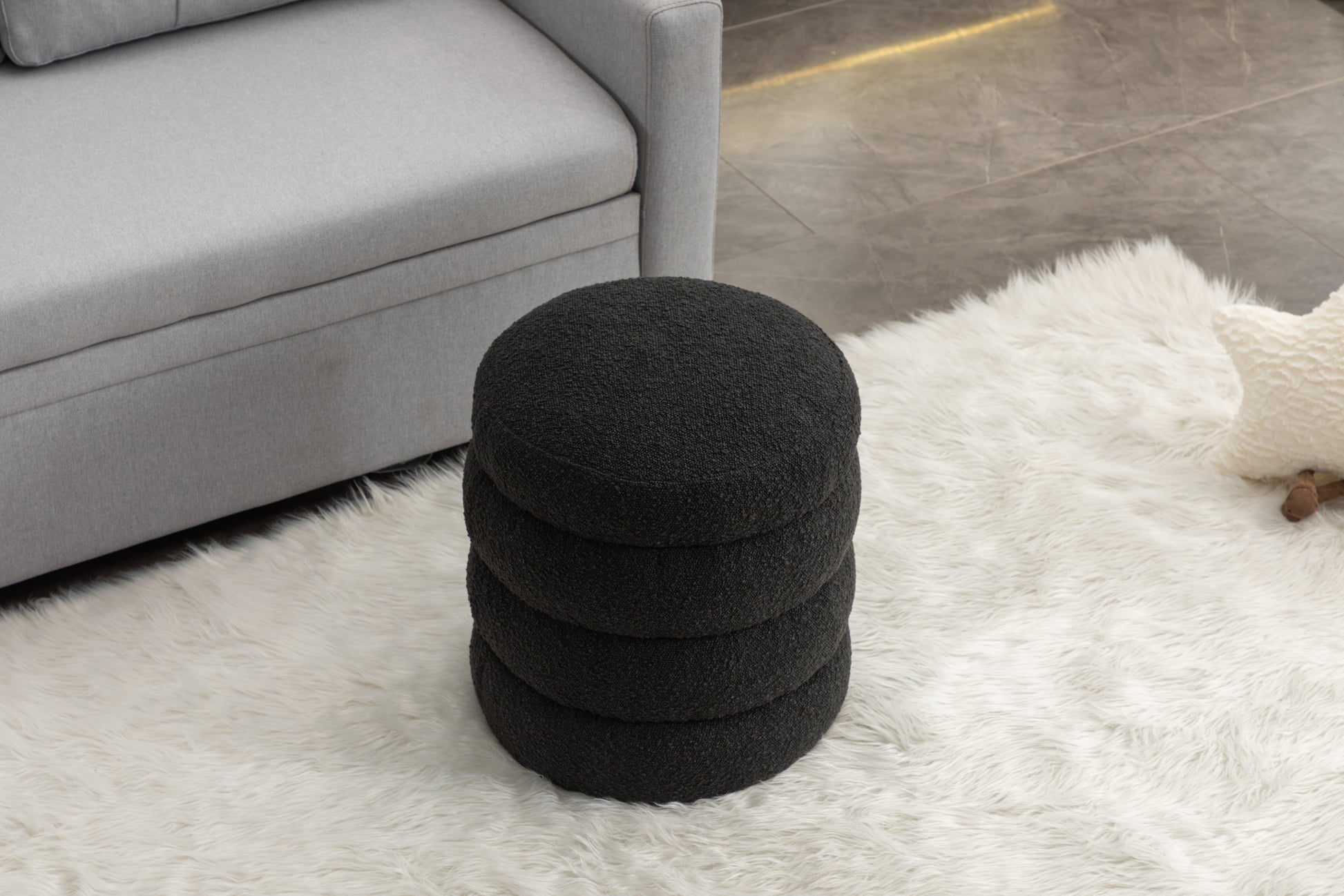 006 Soft Boucle Round Ottoman Footrest Stool,Black Black Boucle