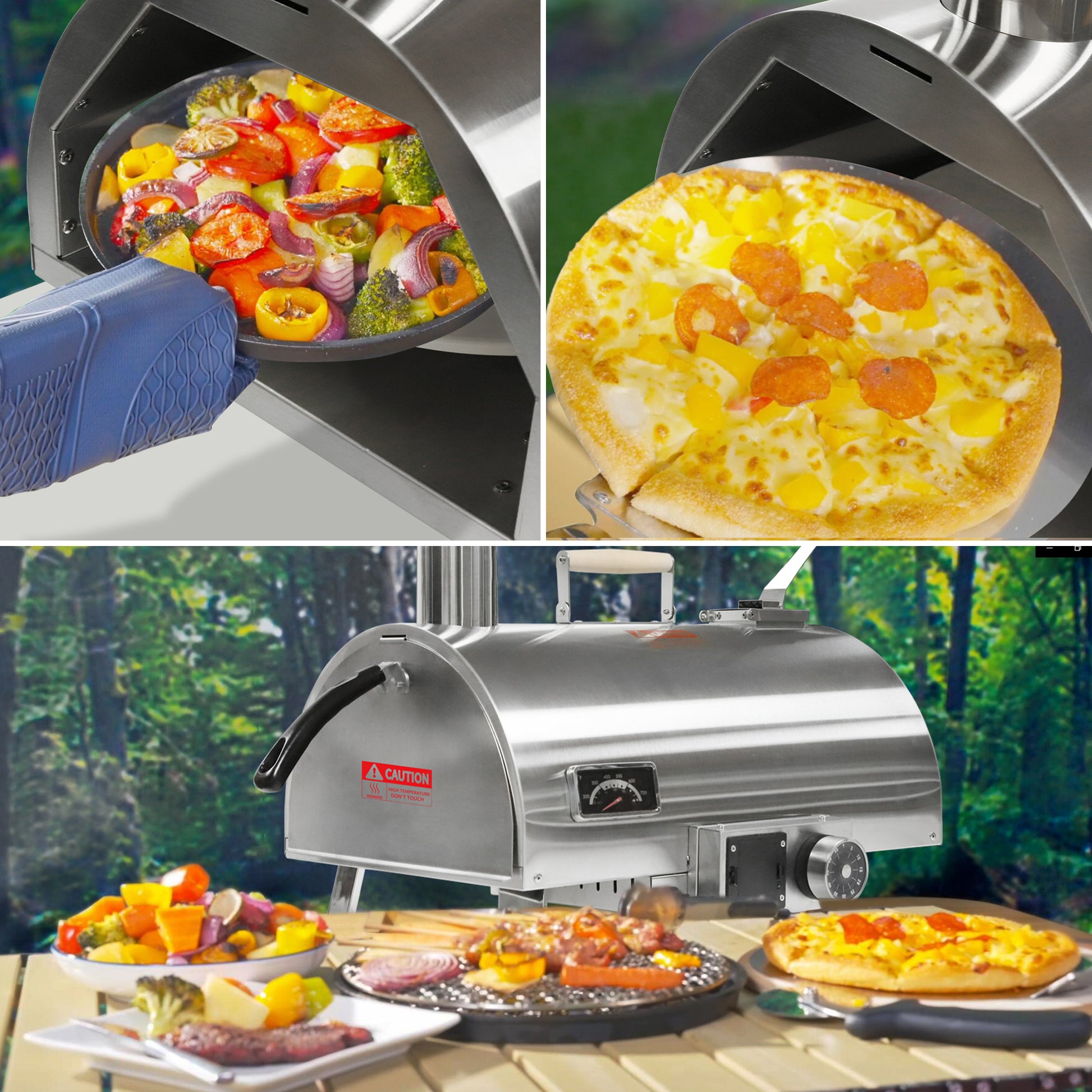Pizza Oven Outdoor 12" Automatic Rotatable Pizza Ovens Portable Stainless Steel Wood Fired Pizza Oven Pizza Maker With Built In Thermometer Pizza Cutter Carry Bag Silver Garden & Outdoor American Design Stainless Steel Stainless Steel