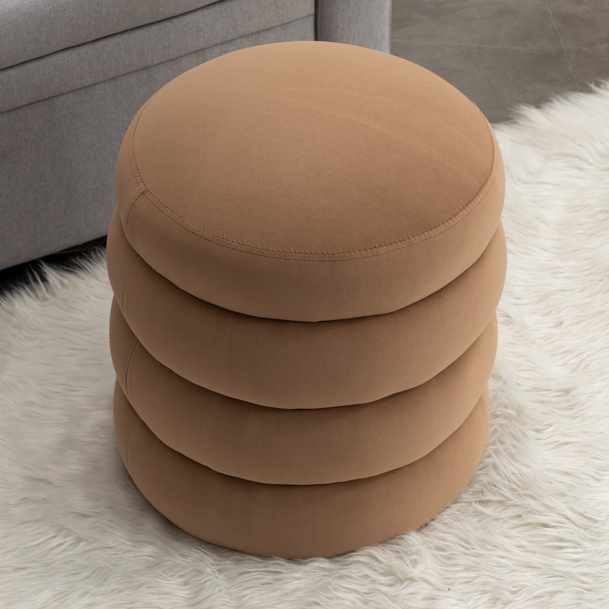 006 Soft Velvet Round Ottoman Footrest Stool,Coffee Coffee Velvet