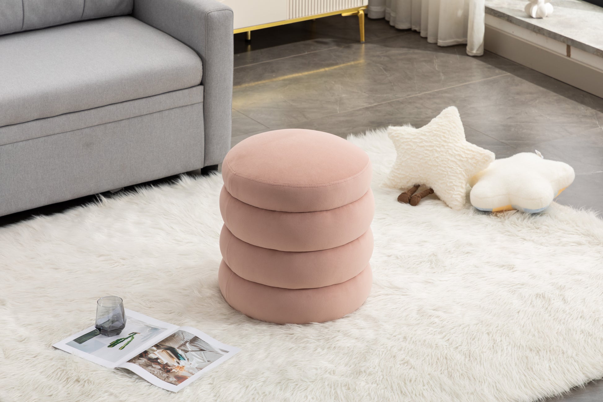 006 Soft Velvet Round Ottoman Footrest Stool,Pink Pink Velvet