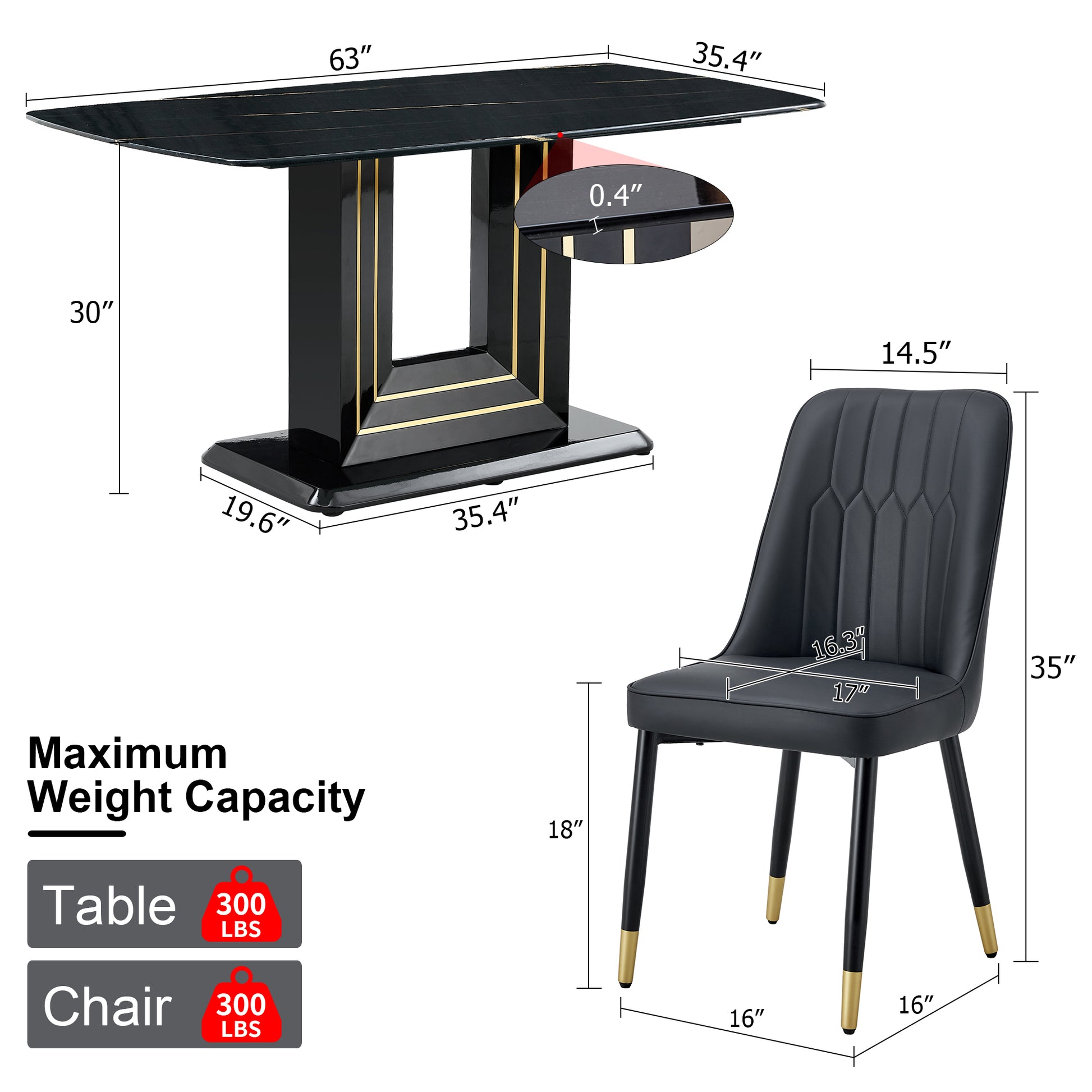 1 Table And 6 Black Chairs. The Table Features A Black Imitation Marble Pattern Desktop And Black Gold Mdf Legs. Pair With 6 Black Pu Chairs. F Sq C 007 Black Gold Mdf Glass