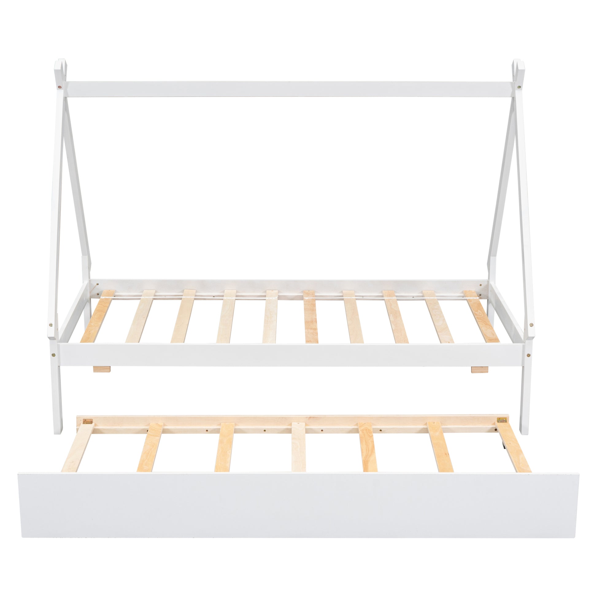 Twin Size Tent Floor Bed, Teepee Bed, With Trundle,White Twin White Wood Bedroom American Design Pine Bed Frame Pine