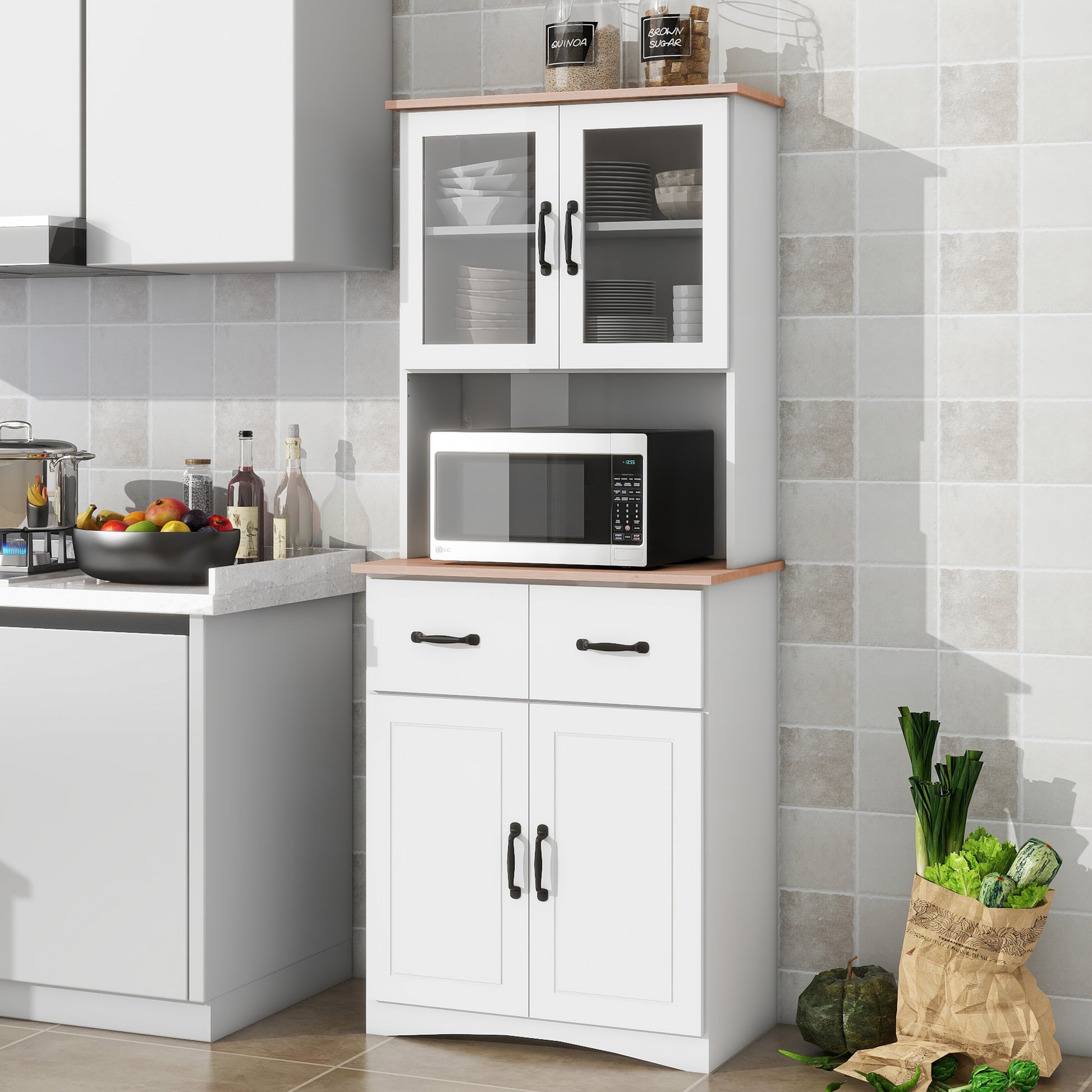 Wooden Kitchen Cabinet White Pantry Room Storage Microwave Cabinet With Framed Glass Doors And Drawer White Mdf