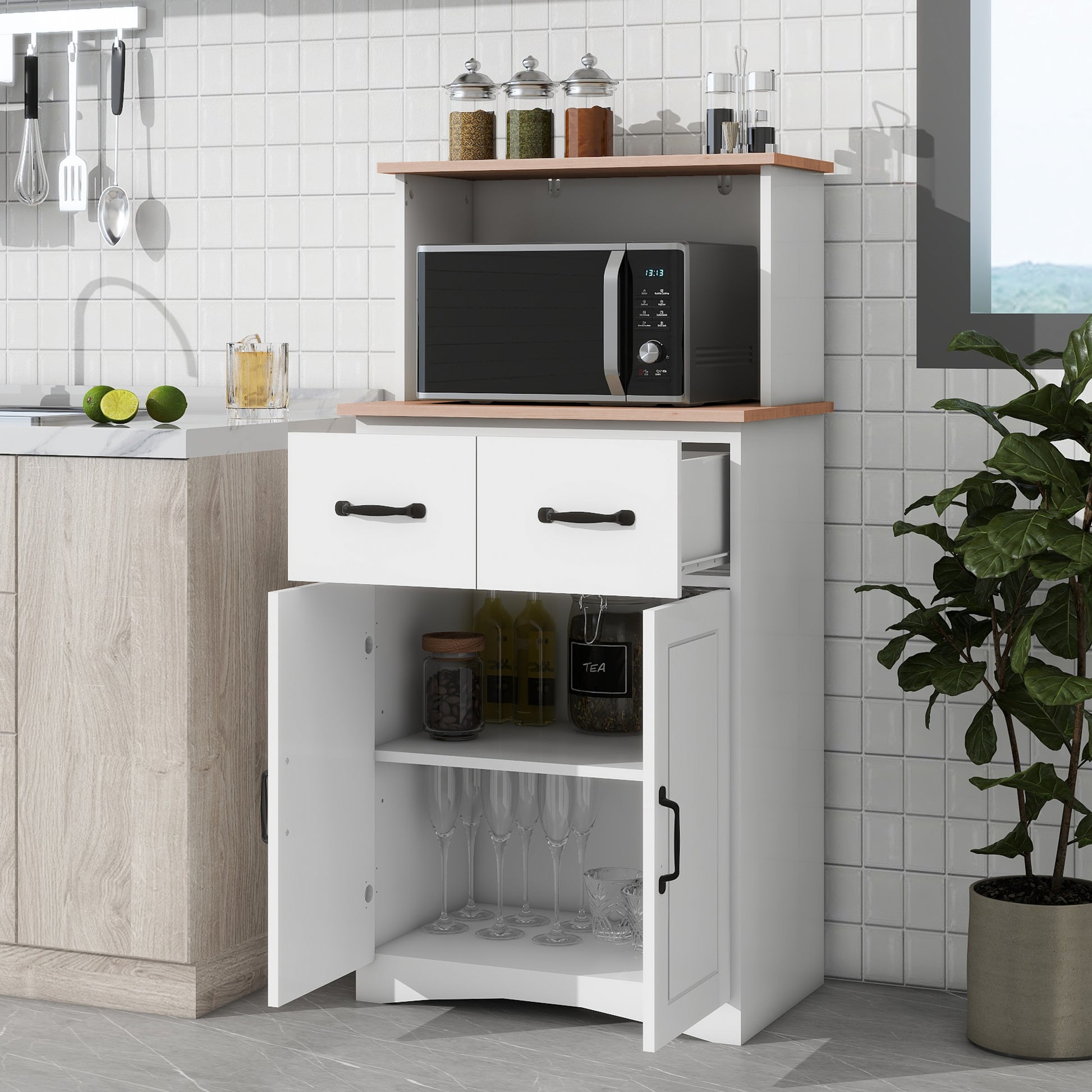 Wooden Kitchen Cabinet White Pantry Storage Microwave Cabinet With Storage Drawer White Mdf