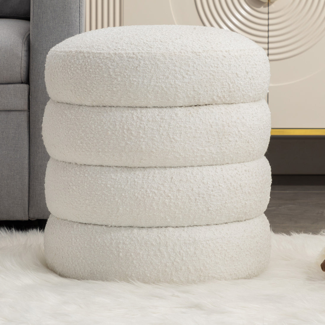 006 Soft Boucle Round Ottoman Footrest Stool,White White Boucle