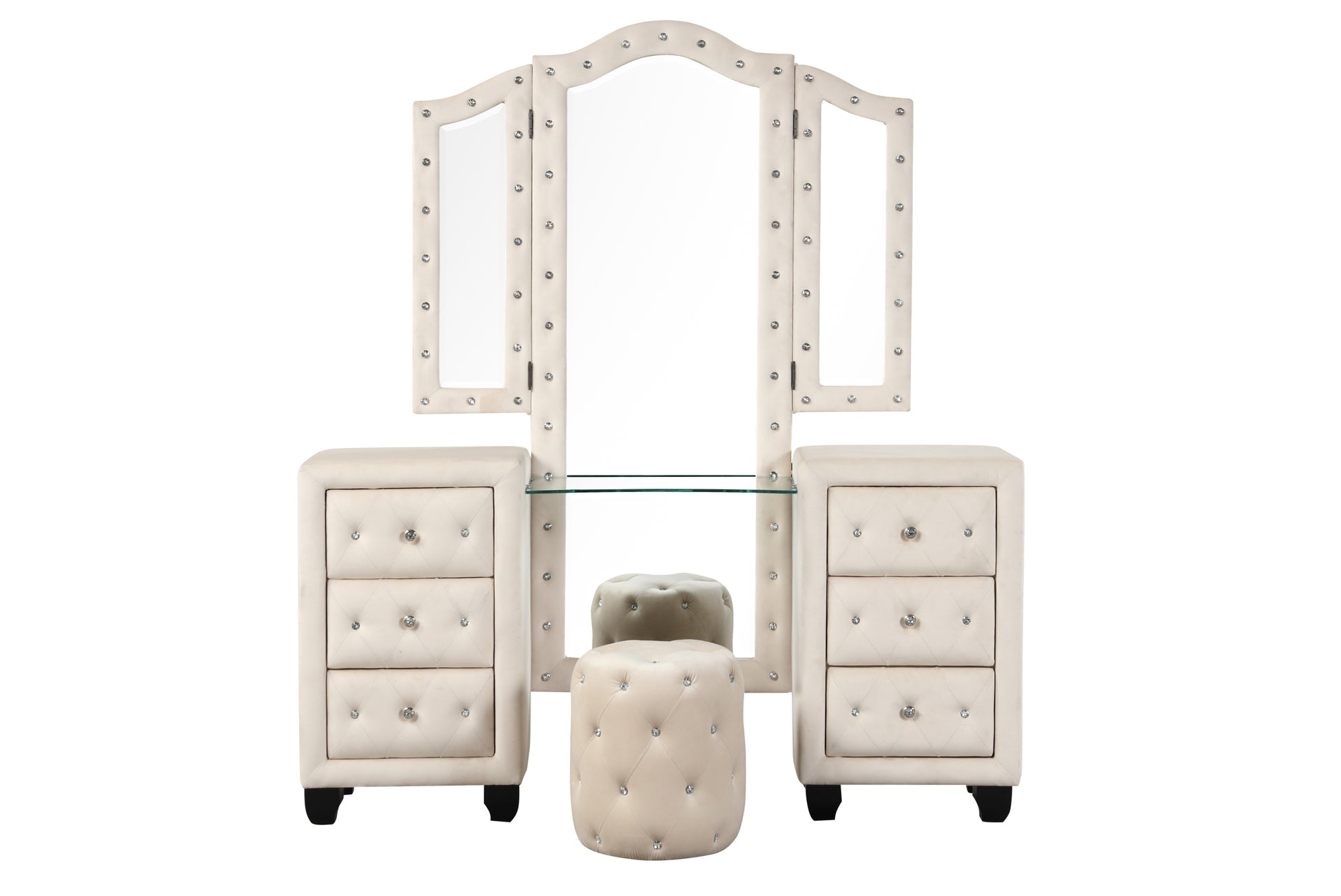 Sophia Crystal Tufted Queen 4 Pc Vanity Bedroom Set Made With Wood In Cream Box Spring Not Required Queen Cream Wood 4 Piece Set Bedroom Contemporary,Modern Upholstered Velvet Tufted Wood