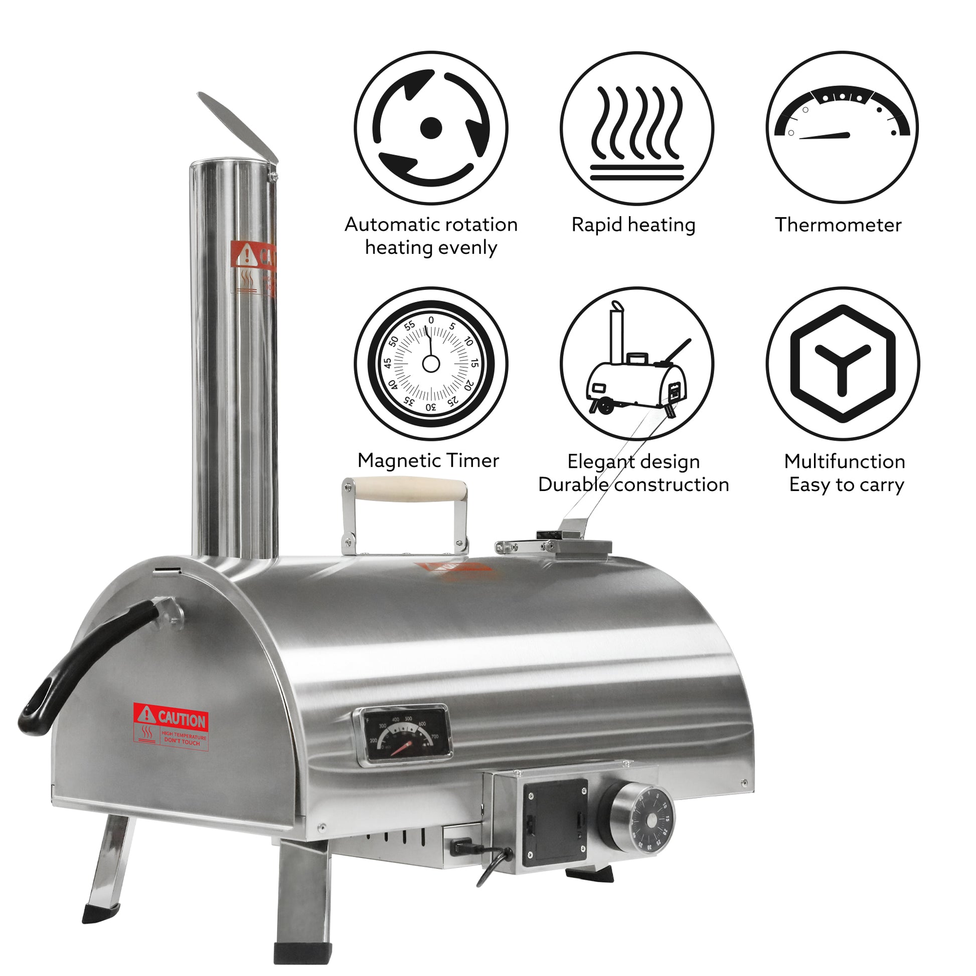Pizza Oven Outdoor 12" Automatic Rotatable Pizza Ovens Portable Stainless Steel Wood Fired Pizza Oven Pizza Maker With Built In Thermometer Pizza Cutter Carry Bag Silver Garden & Outdoor American Design Stainless Steel Stainless Steel