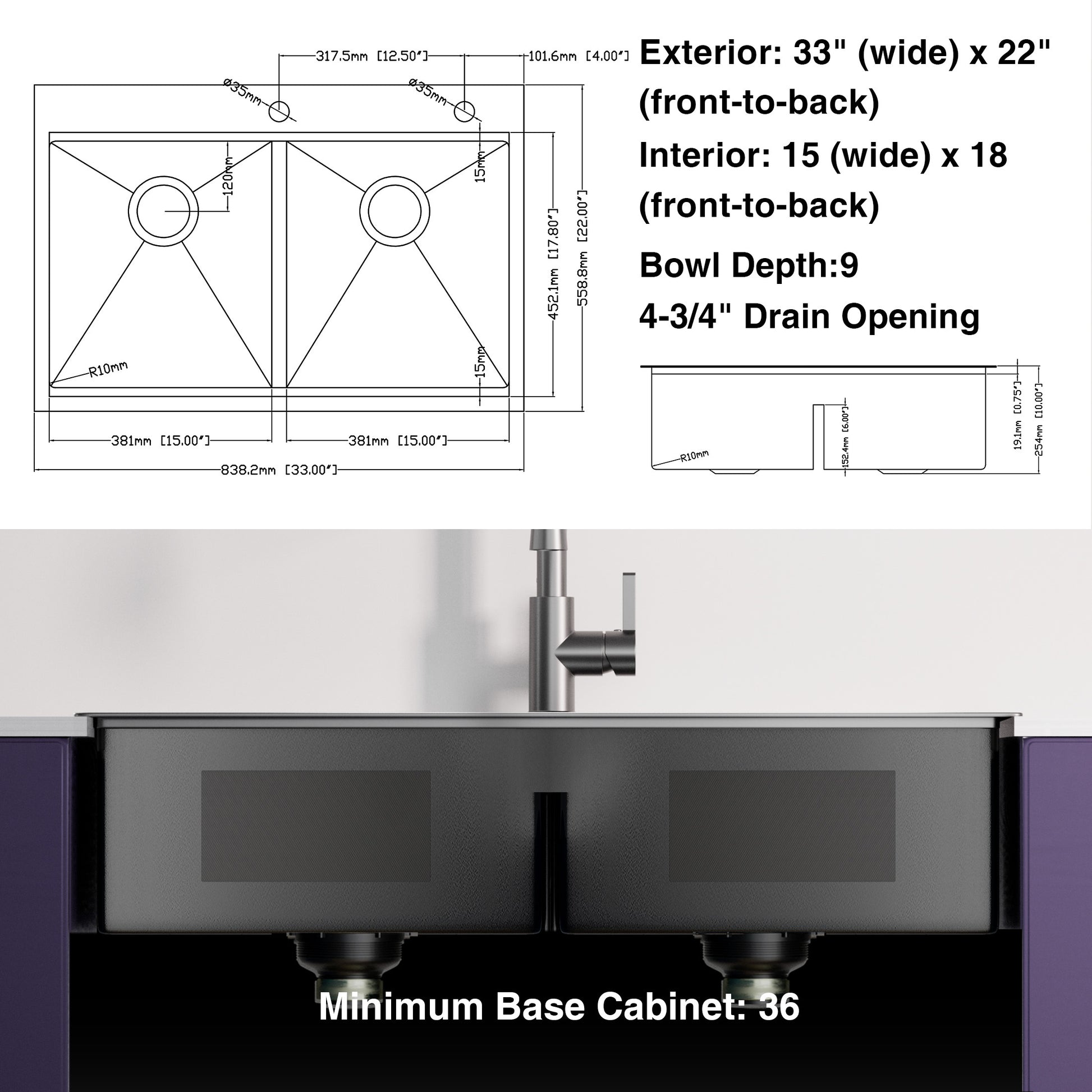 33X22 Inch Gunmetal Black Topmount Double Bowl Workstation Kitchen Sink 18 Gauge Stainless Steel With Black Faucet Gunmetal Black Stainless Steel