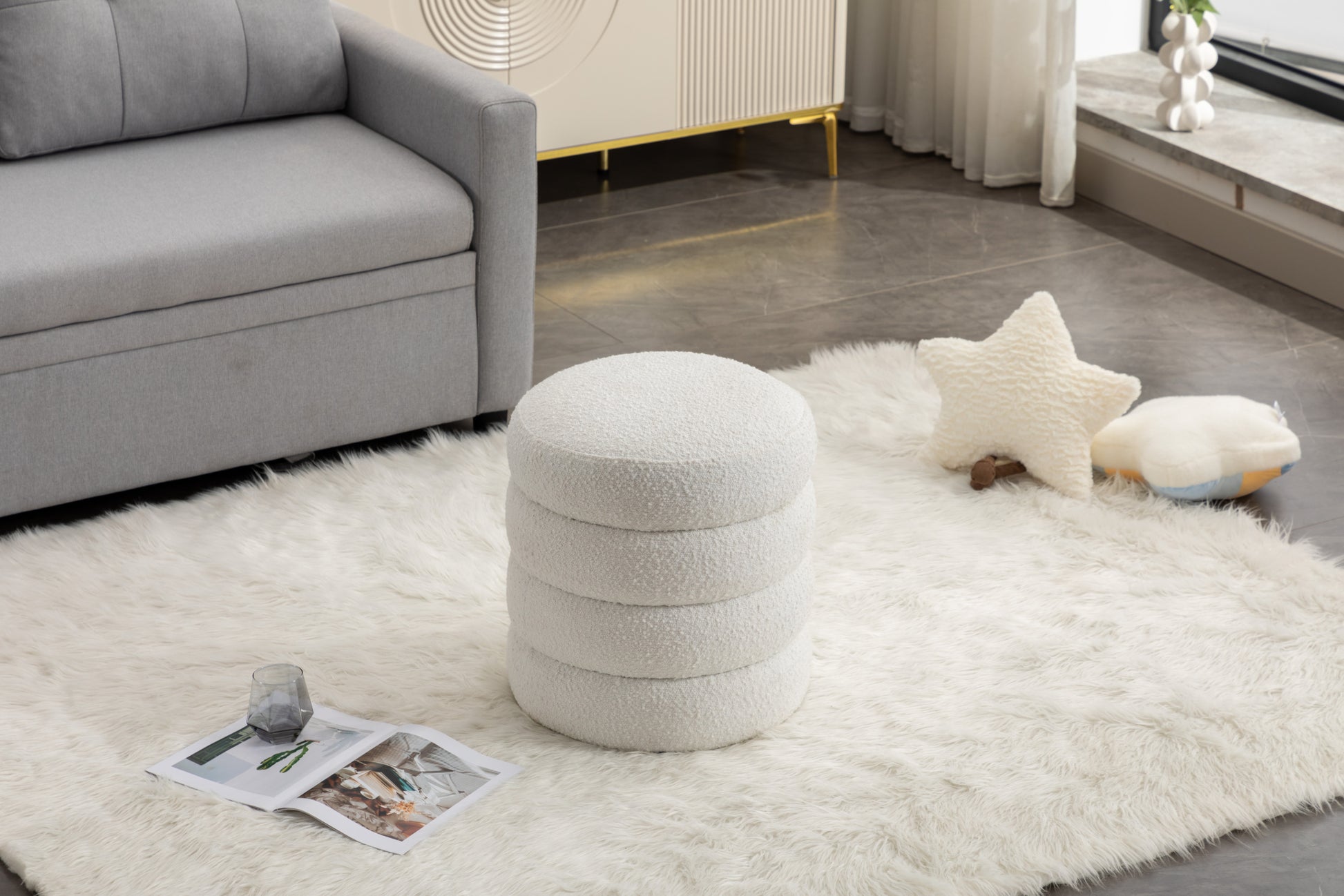 006 Soft Boucle Round Ottoman Footrest Stool,White White Boucle