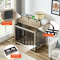 Furniture Style Dog Crate Side Table With Feeding Bowl, Wheels, Three Doors, Flip Up Top Opening. Indoor, Grey, 38.58