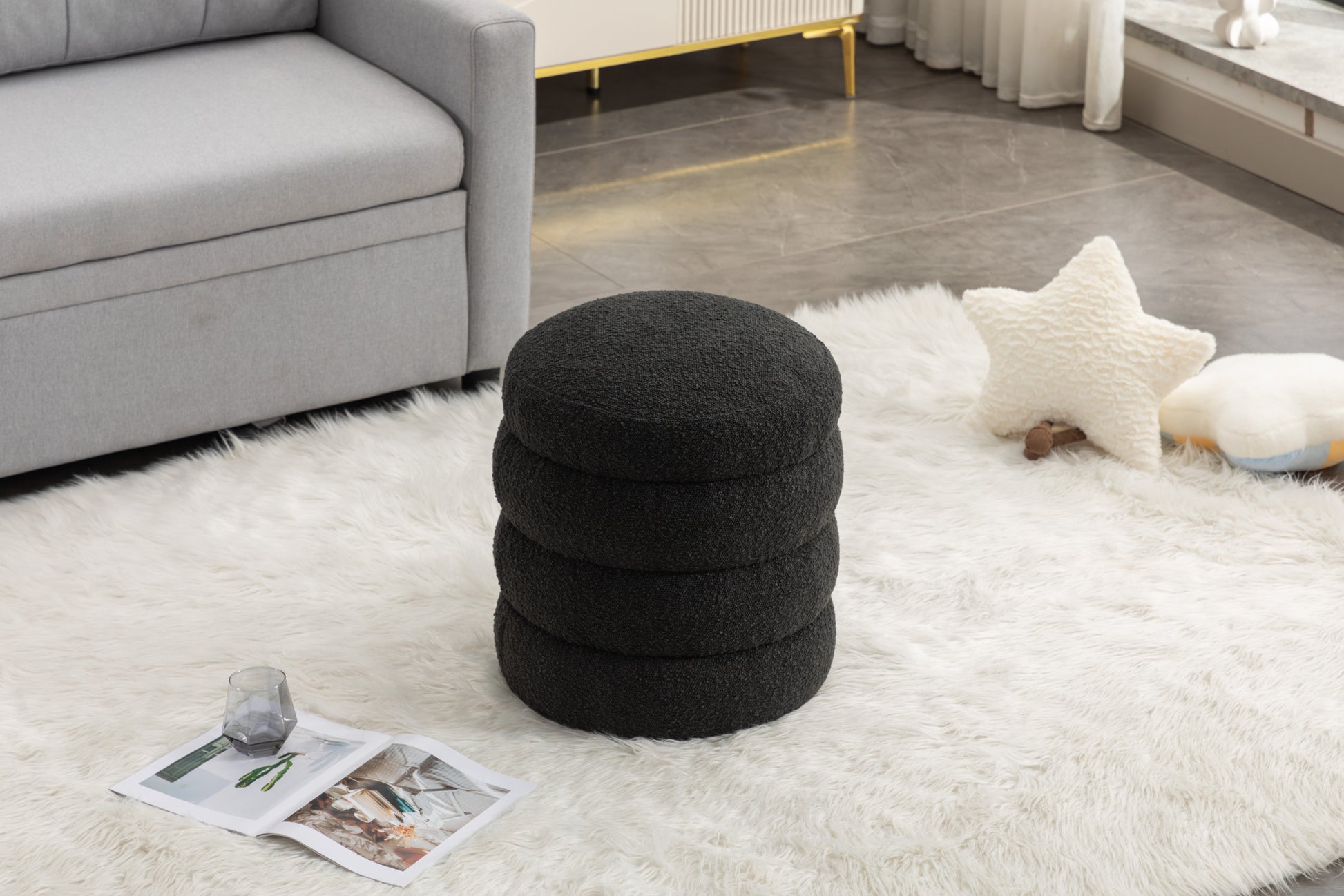 006 Soft Boucle Round Ottoman Footrest Stool,Black Black Boucle