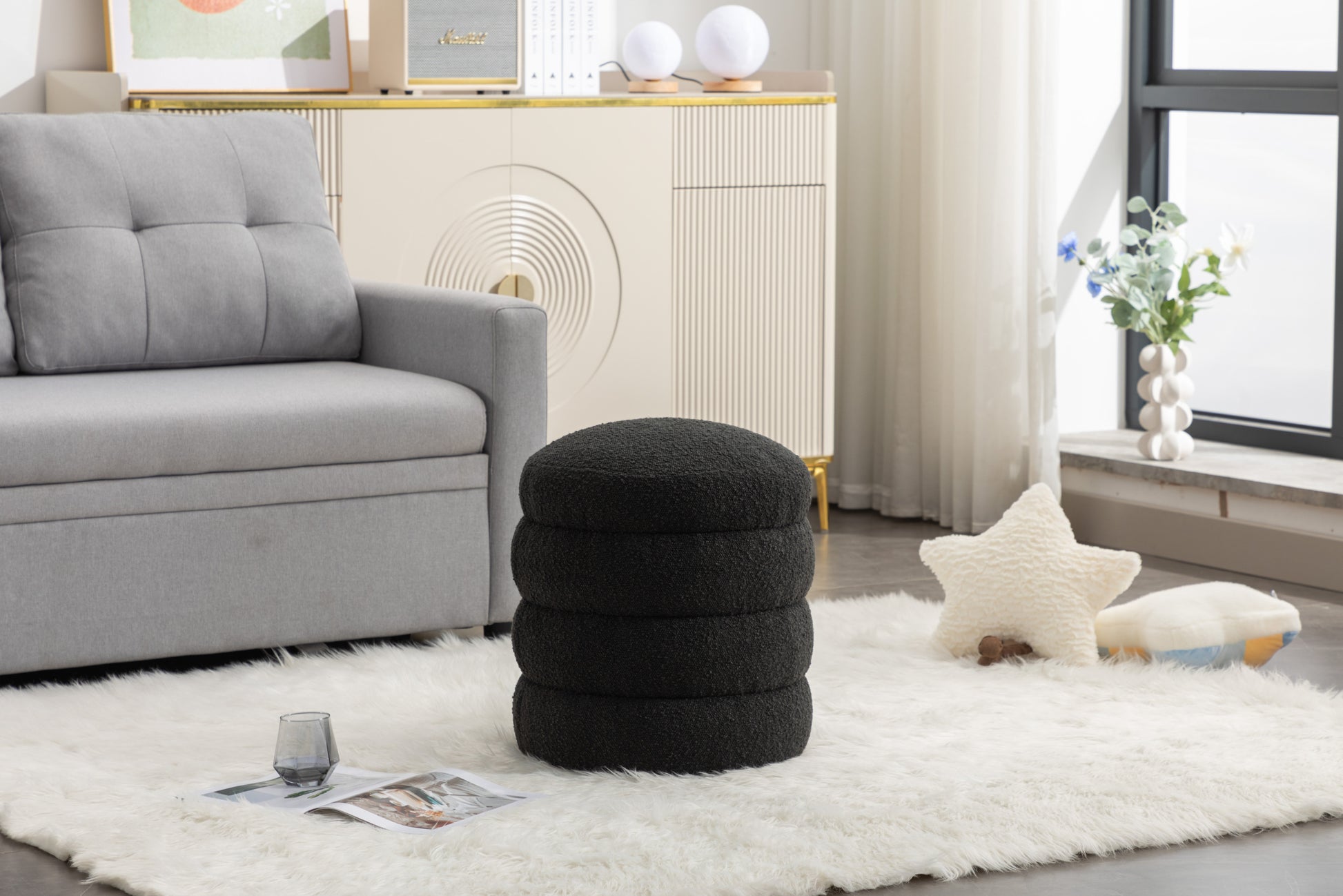 006 Soft Boucle Round Ottoman Footrest Stool,Black Black Boucle