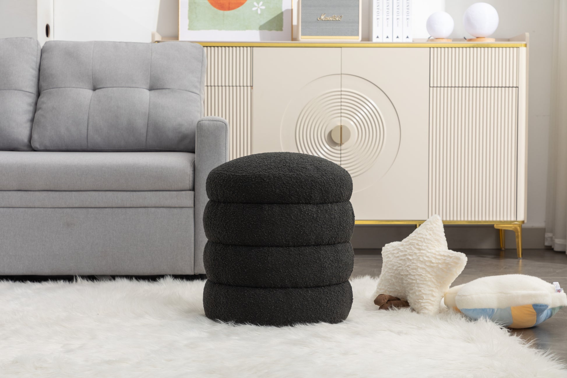 006 Soft Boucle Round Ottoman Footrest Stool,Black Black Boucle