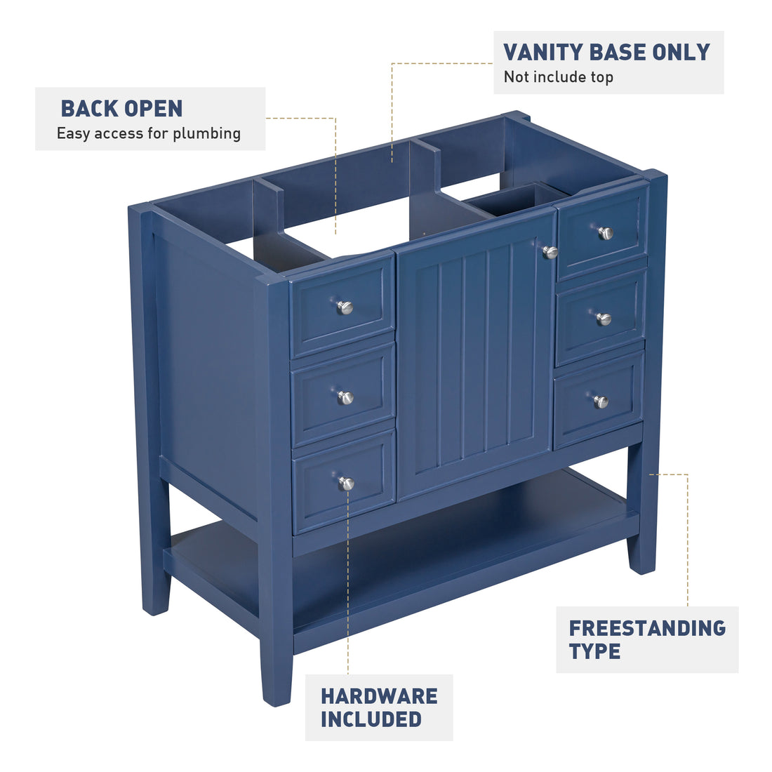 36" Bathroom Vanity Without Sink, Cabinet Base Only, One Cabinet And Three Drawers, Blue Blue Solid Wood Mdf