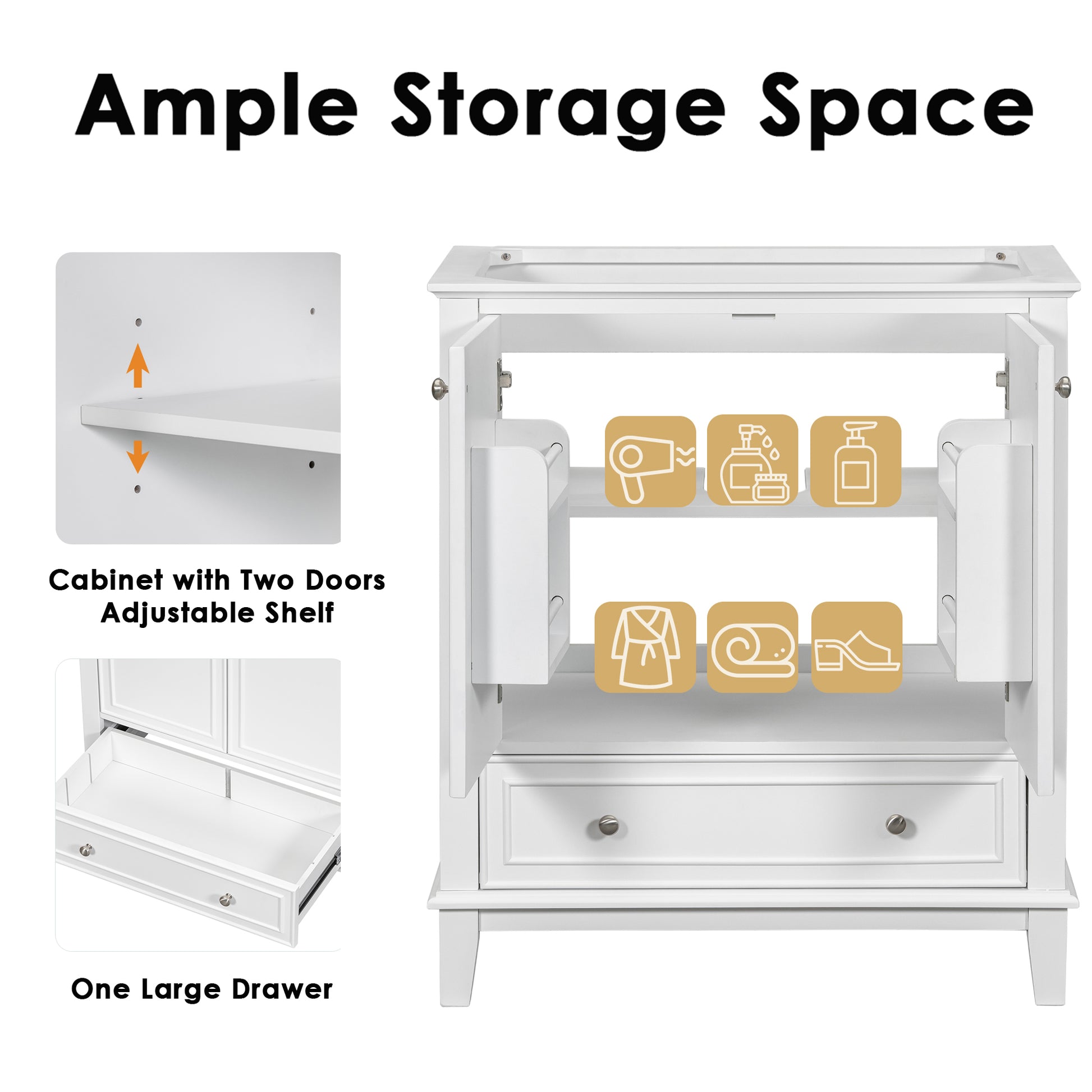 30" Bathroom Vanity Without Sink, Base Only, Multi Functional Bathroom Cabinet With Doors And Drawer, Solid Frame And Mdf Board, White White Solid Wood Mdf