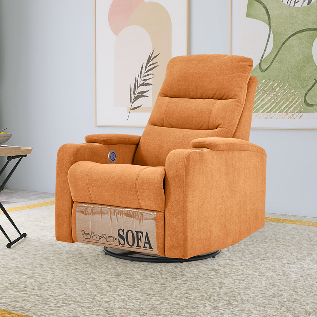 Swivel Rocking Recliner Sofa Chair With Usb Charge Port & Cup Holder For Living Room, Bedroom,Light Orange Orange Foam