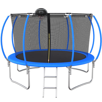 12 Ft Trampoline Pumpkin Style Safety Net With Basketball Hoop Blue Metal