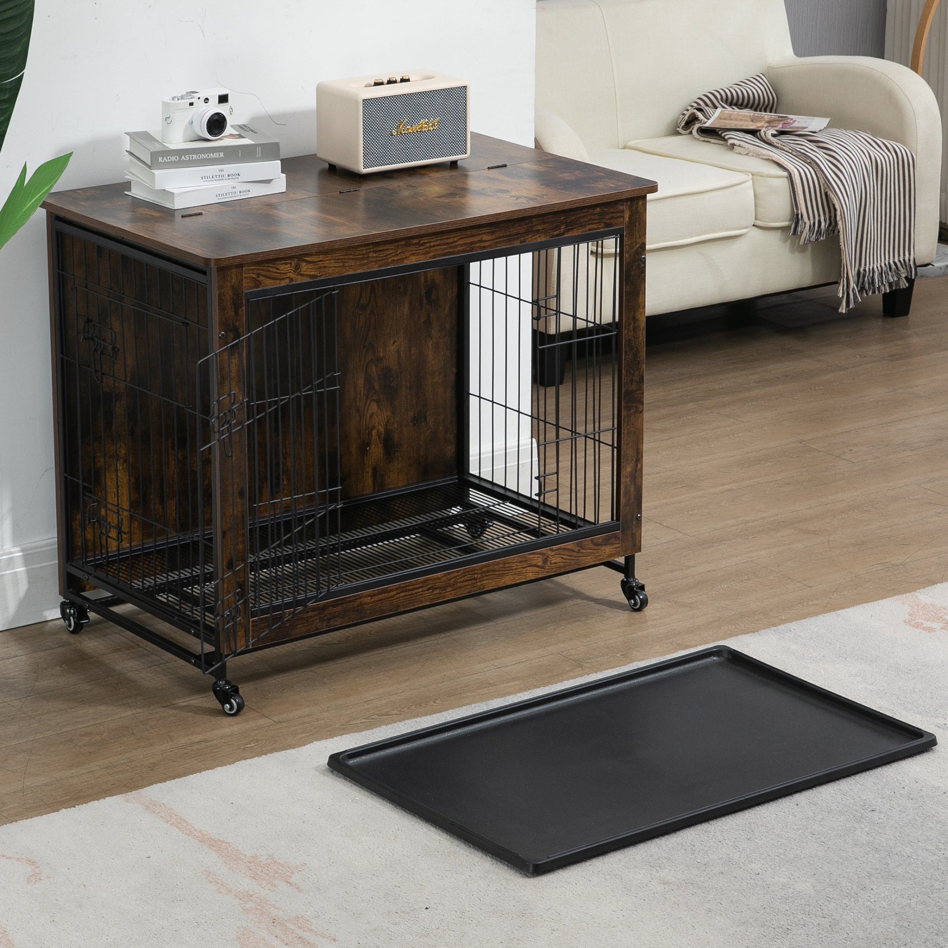 23.6"L X 20"W X 26"H Dog Crate Furniture With Cushion, Wooden Dog Crate Table, Double Doors Dog Furniture, Dog Kennel Indoor For Small Dog, Dog House, Dog Cage Small, Rustic Brown Gray Solid Wood