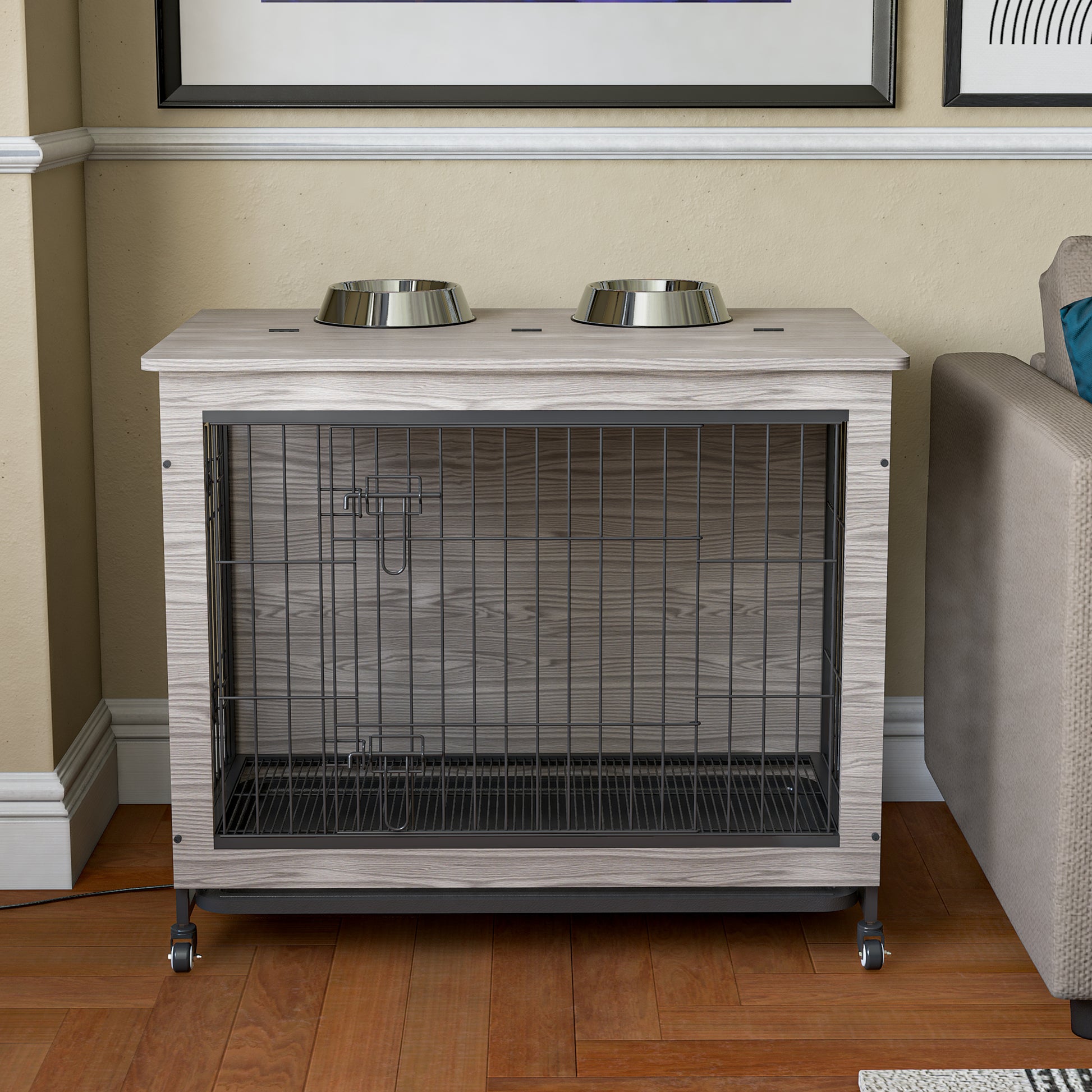 23.6"L X 20"W X 26"H Dog Crate Furniture With Cushion, Wooden Dog Crate Table, Double Doors Dog Furniture, Dog Kennel Indoor For Small Dog, Dog House, Dog Cage Small, Rustic Brown Grey Grey Small 11 25 Lbs Mdf Metal