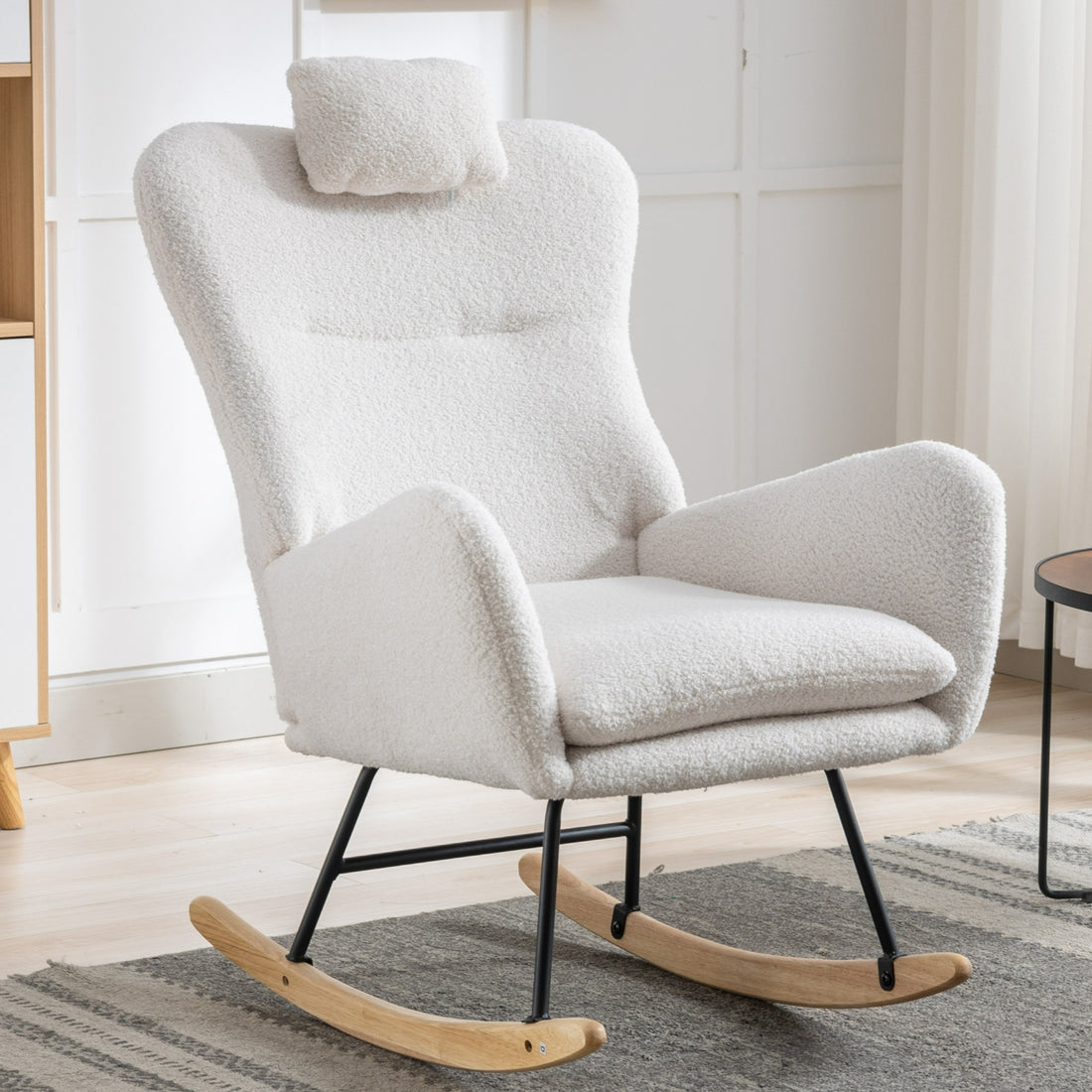 35.5 Inch Rocking Chair With Pocket, Soft Teddy Fabric Rocking Chair For Nursery, Comfy Wingback Glider Rocker With Safe Solid Wood Base For Living Room Bedroom Balcony White White Casual Foam Teddy