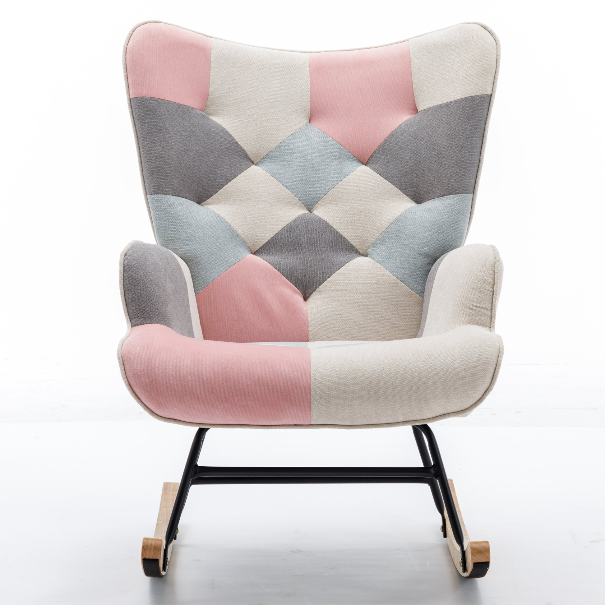 Modern Patchwork Accent Chair With Solid Wood Armrest And Feet, Mid Century Modern Accent Sofa, Fabric Sofa Chair For Living Room Bedroom Studio, Comfy Side Armchair For Bed Pink Pink Foam Cotton Linen