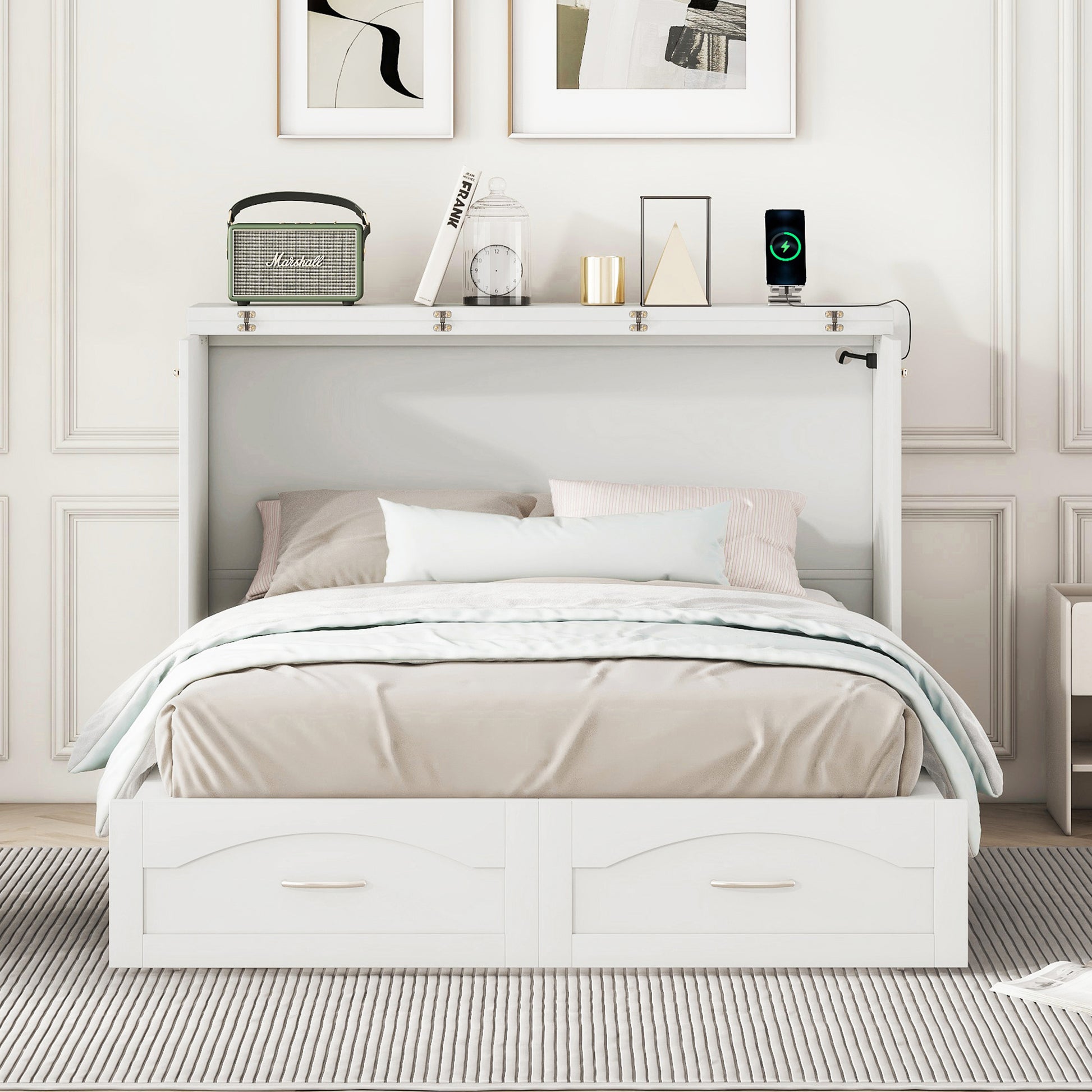 Full Size Murphy Bed Wall Bed With Drawer And A Set Of Sockets & Usb Ports, Pulley Structure Design, White White Solid Wood Mdf