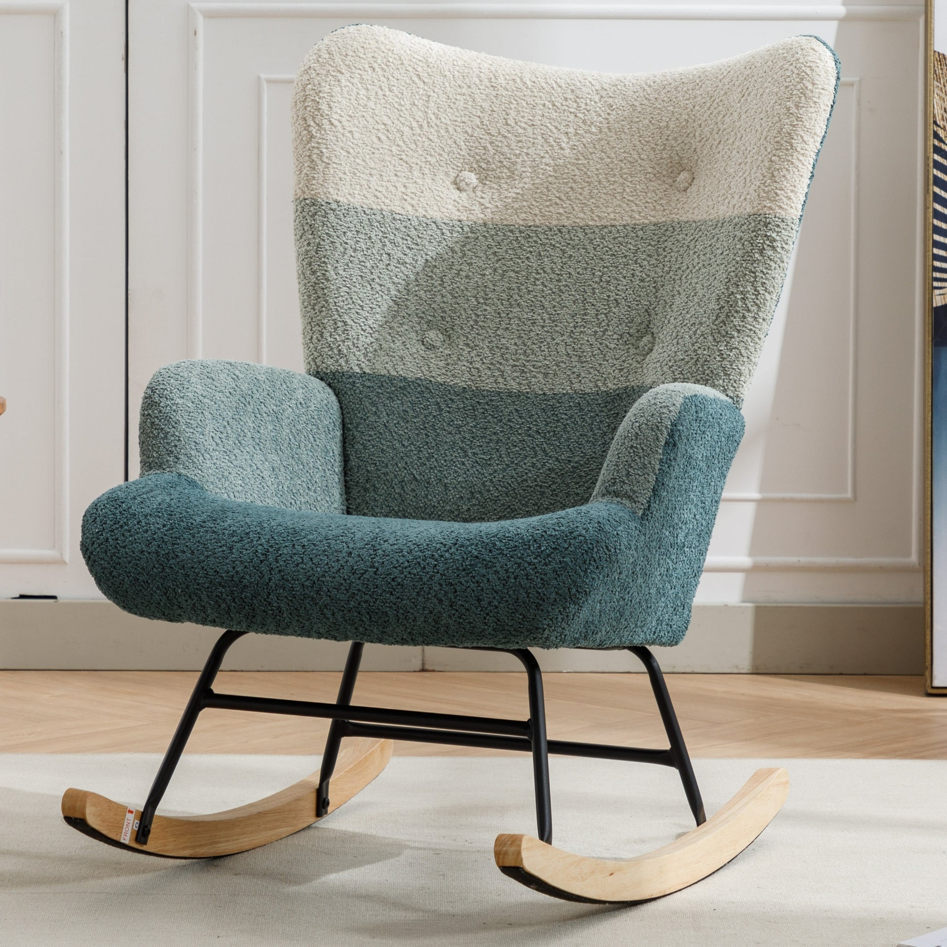 Modern Patchwork Accent Chair With Solid Wood Armrest And Feet, Mid Century Modern Accent Sofa, Fabric Sofa Chair For Living Room Bedroom Studio, Comfy Side Armchair For Bed, Green Dark Green Green Dark Green Foam Teddy