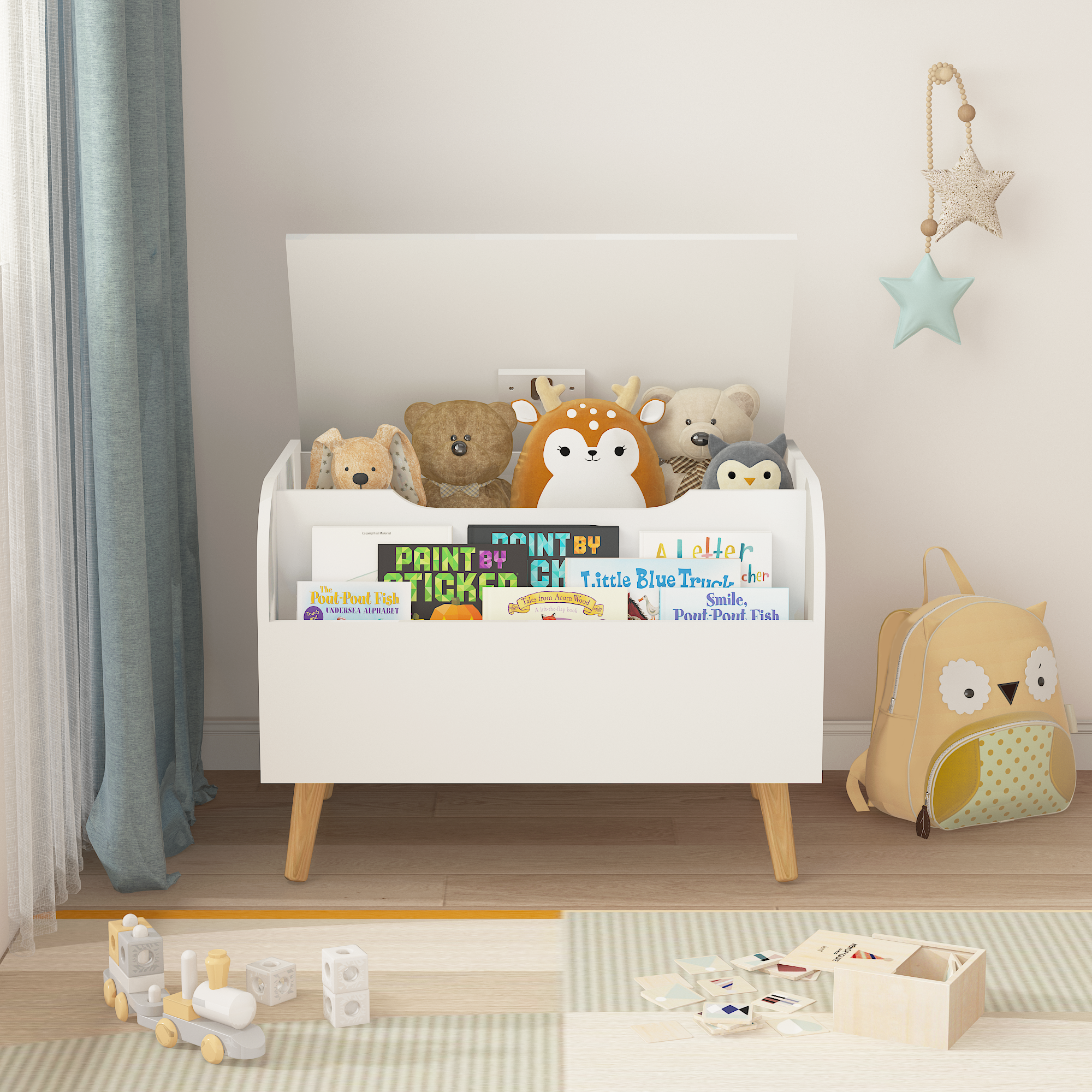 Wooden Toy Box, Kids Toy Storage Organizer with Front white-solid wood+mdf