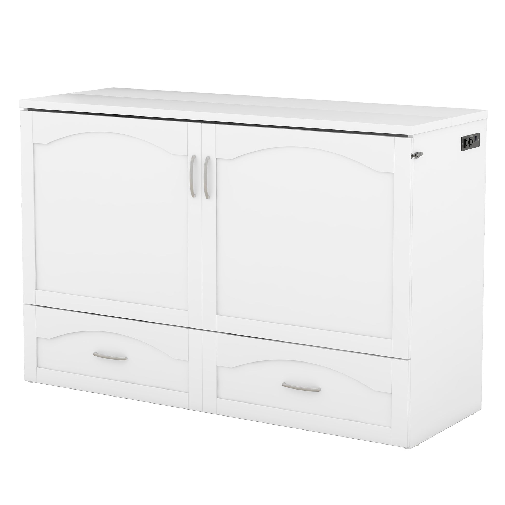 Queen Size Murphy Bed Wall Bed With Drawer And A Set Of Sockets & Usb Ports, Pulley Structure Design, White White Solid Wood Mdf