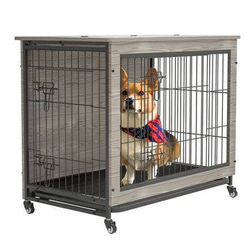 23.6"L X 20"W X 26"H Dog Crate Furniture With Cushion, Wooden Dog Crate Table, Double Doors Dog Furniture, Dog Kennel Indoor For Small Dog, Dog House, Dog Cage Small, Rustic Brown Grey Grey Small 11 25 Lbs Mdf Metal