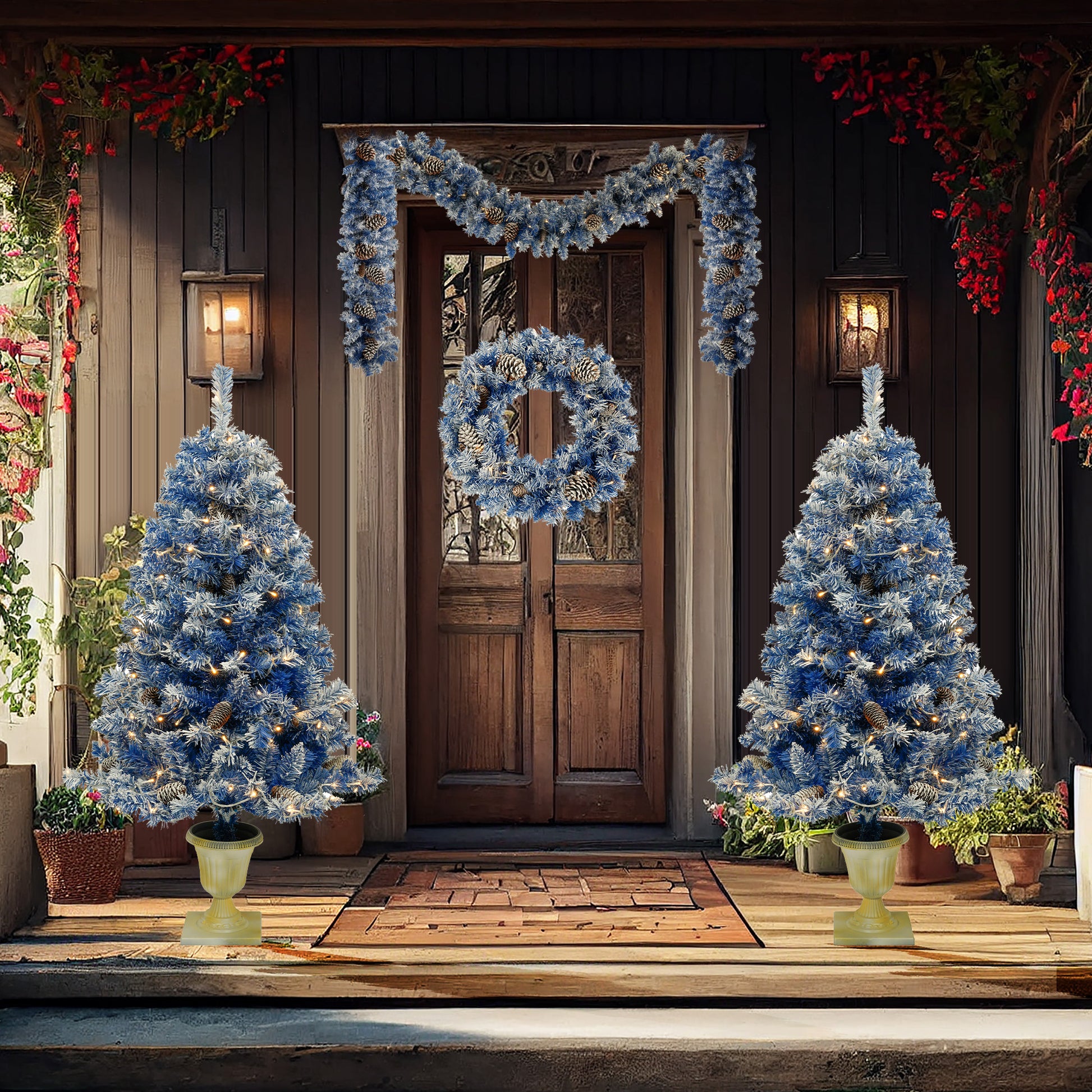 Pre Lit Xmas Tree Artificial Christmas 4 Piece Set,Garland, Wreath And Set Of 2 Entrance Trees X Mas With Led Lights, Christmas Tree Blue Pvc