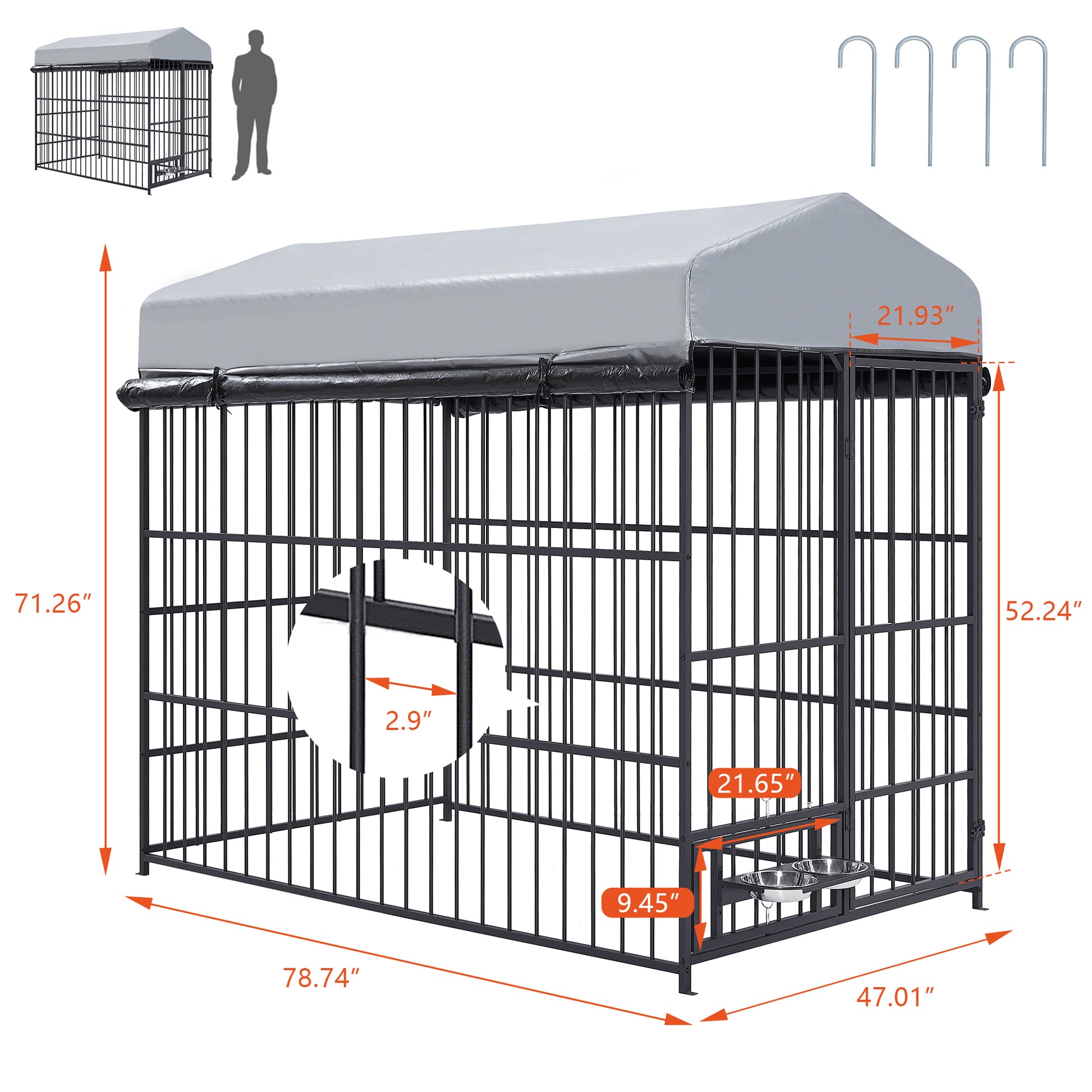 Large Dog Kennel Outdoor Pet Pens Dogs Run Enclosure Animal Hutch Metal Coop Fence With Roof Cover 6.6'L X 3.9'W X 5.9'H Black Gray Outdoor Kennel Iron