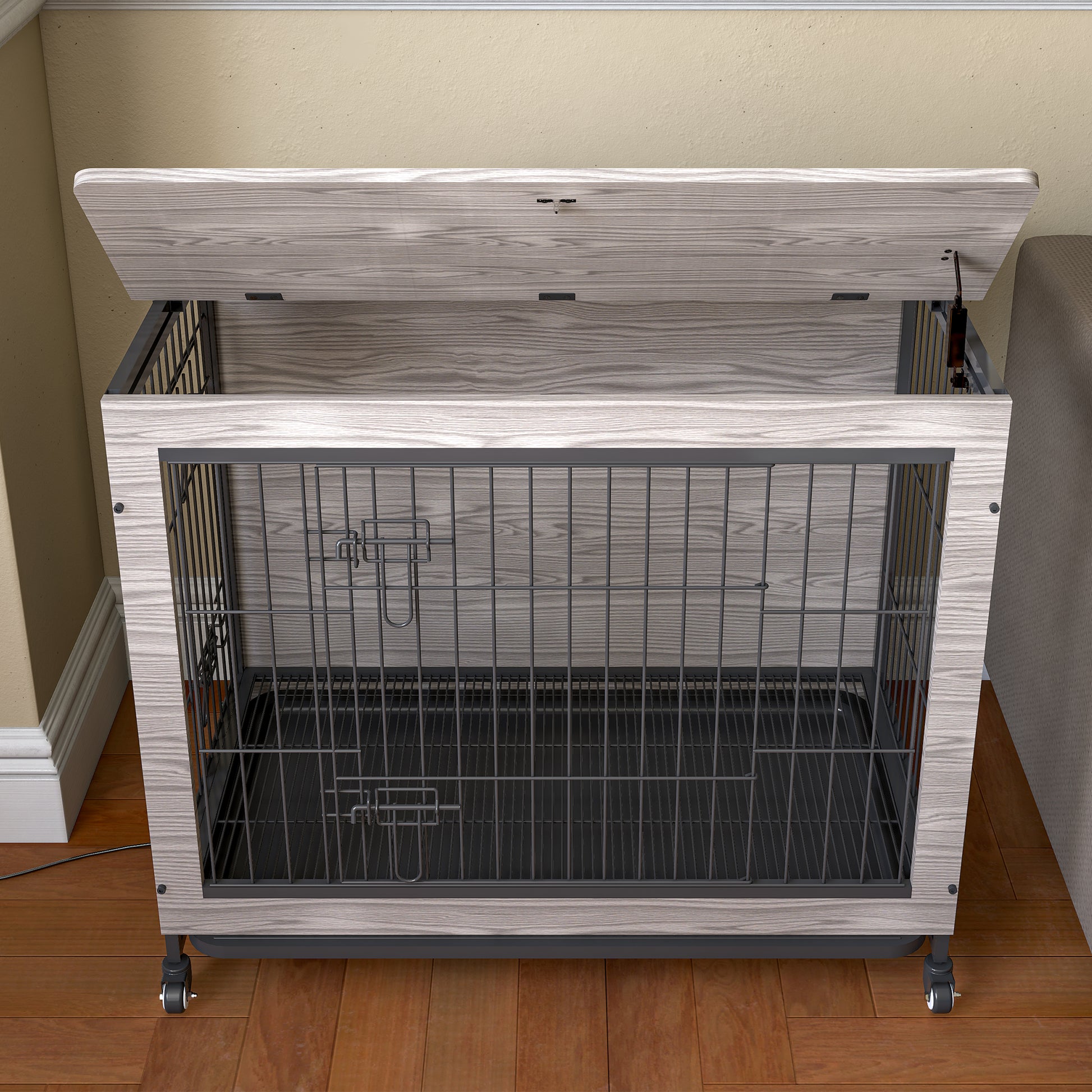 23.6"L X 20"W X 26"H Dog Crate Furniture With Cushion, Wooden Dog Crate Table, Double Doors Dog Furniture, Dog Kennel Indoor For Small Dog, Dog House, Dog Cage Small, Rustic Brown Grey Grey Small 11 25 Lbs Mdf Metal