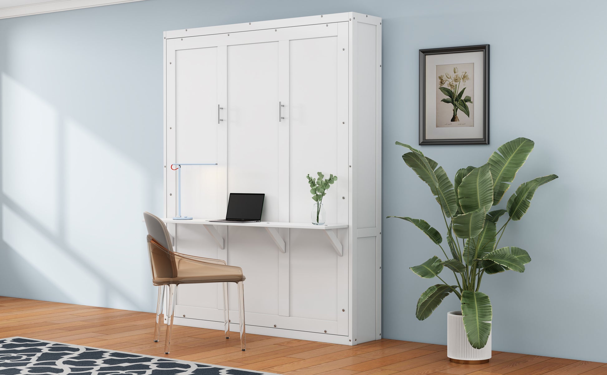 Queen Size Murphy Bed, 68 Inch Cabinet Bed Folding Wall Bed With Desk Combo Perfect For Guest Room,Study, Office,White Old Sku:Bs311491Aac Box Spring Not Required Queen White Wood White Pine Murphy Solid Wood Mdf