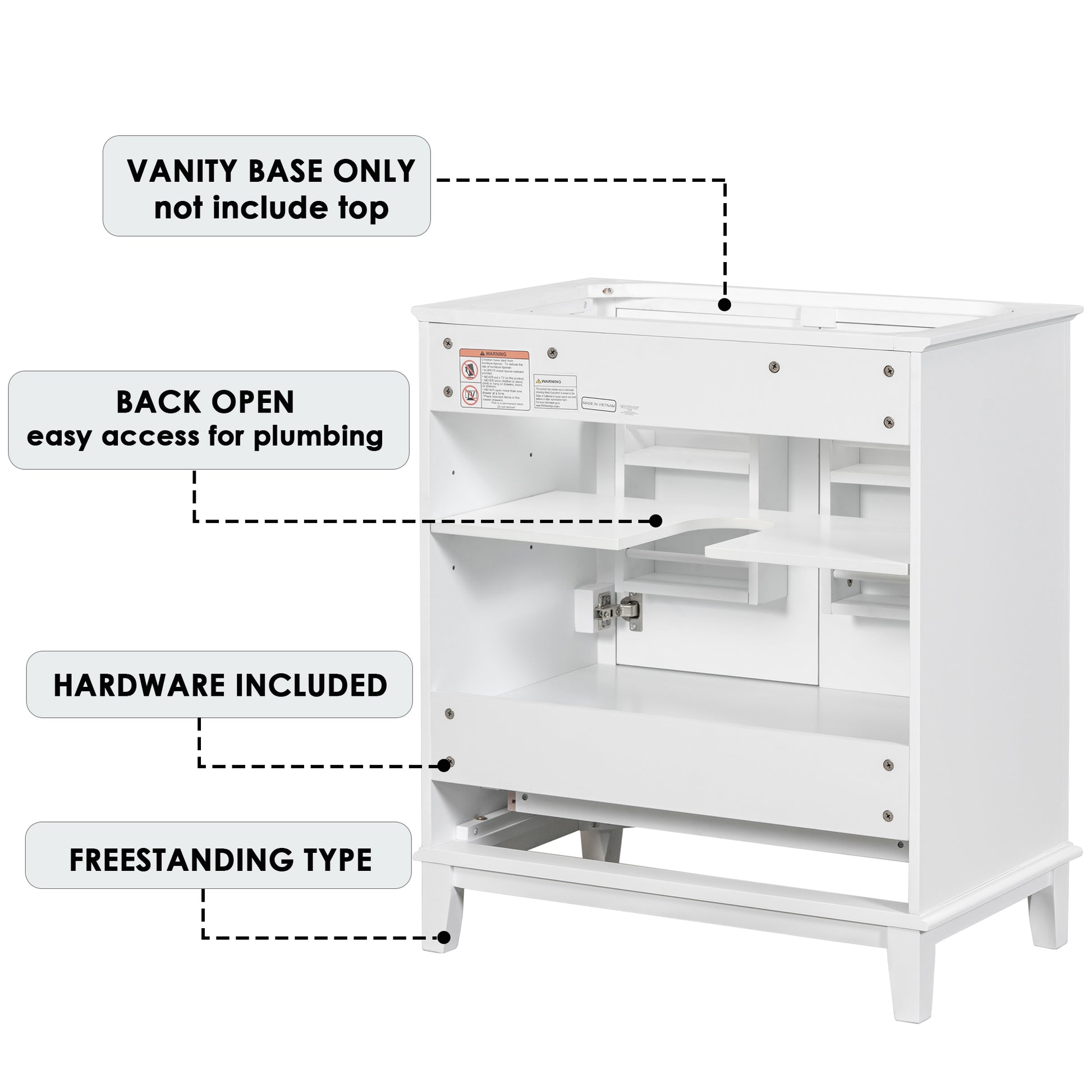 30" Bathroom Vanity Without Sink, Base Only, Multi Functional Bathroom Cabinet With Doors And Drawer, Solid Frame And Mdf Board, White White Solid Wood Mdf