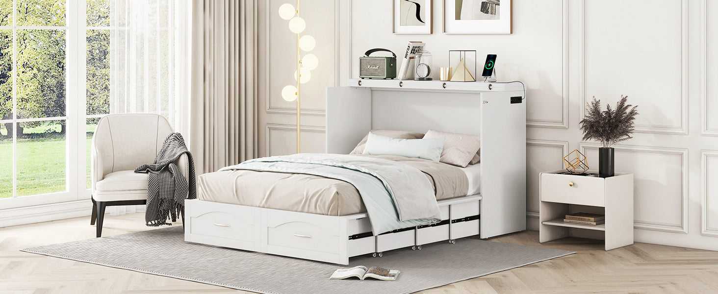 Full Size Murphy Bed Wall Bed With Drawer And A Set Of Sockets & Usb Ports, Pulley Structure Design, White White Solid Wood Mdf