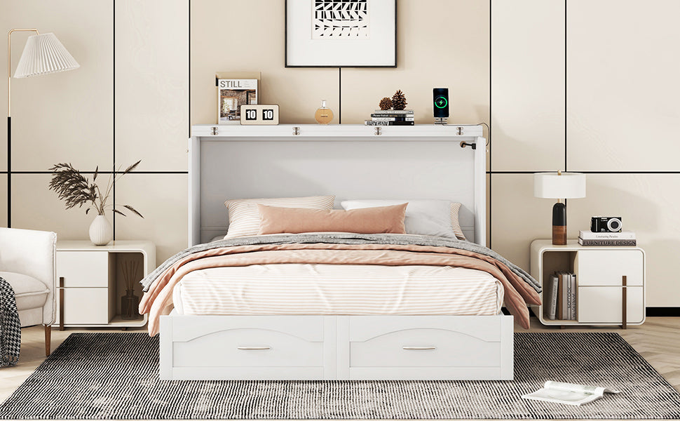 Queen Size Murphy Bed Wall Bed With Drawer And A Set Of Sockets & Usb Ports, Pulley Structure Design, White White Solid Wood Mdf