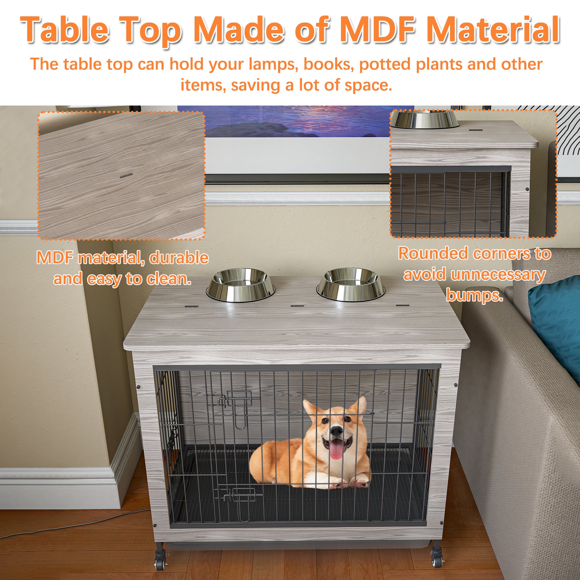 23.6"L X 20"W X 26"H Dog Crate Furniture With Cushion, Wooden Dog Crate Table, Double Doors Dog Furniture, Dog Kennel Indoor For Small Dog, Dog House, Dog Cage Small, Rustic Brown Grey Grey Small 11 25 Lbs Mdf Metal