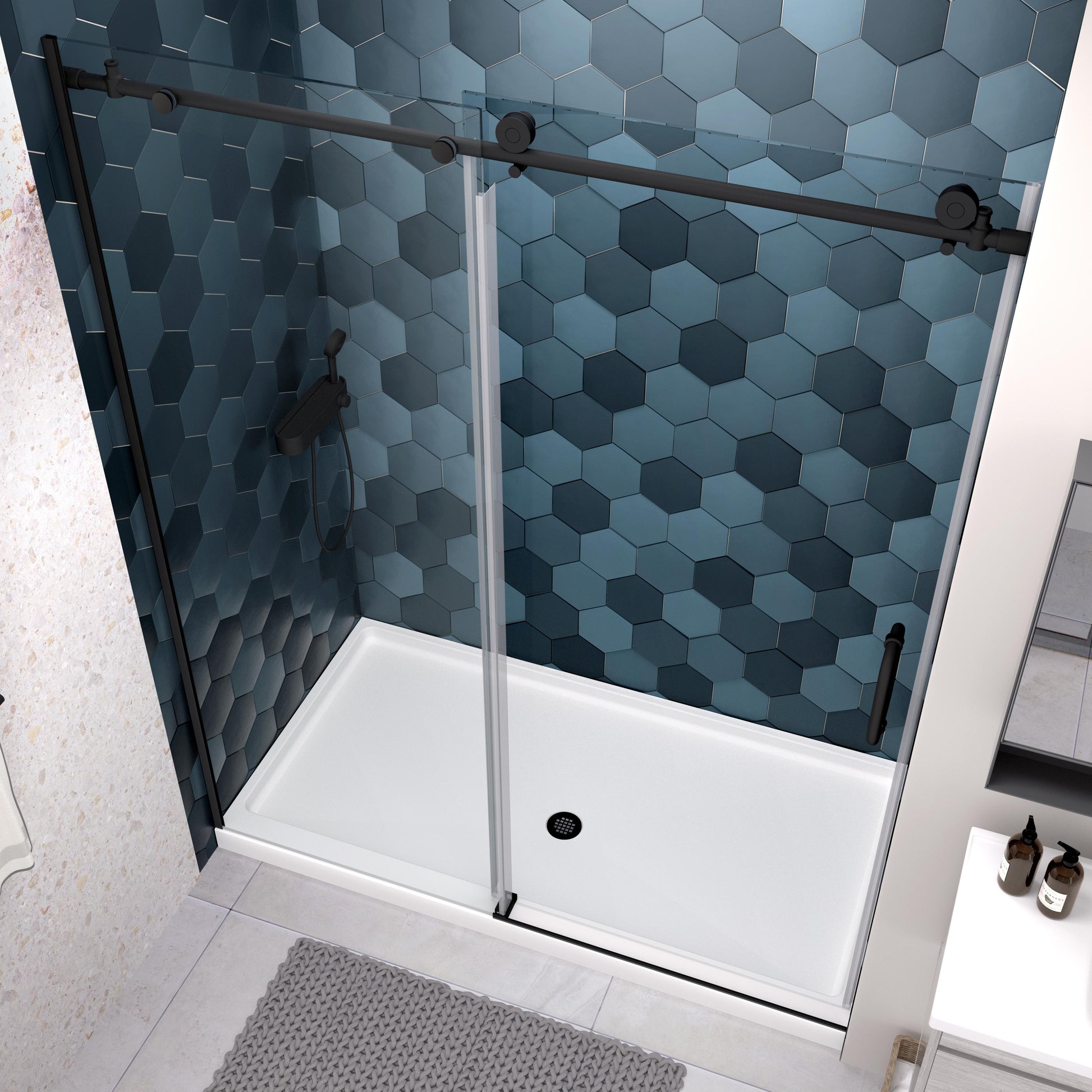 Glass Shower Door, Sliding Door, With 5 16" Tempered Glass And Matted Black Finish Matte Black Stainless Steel