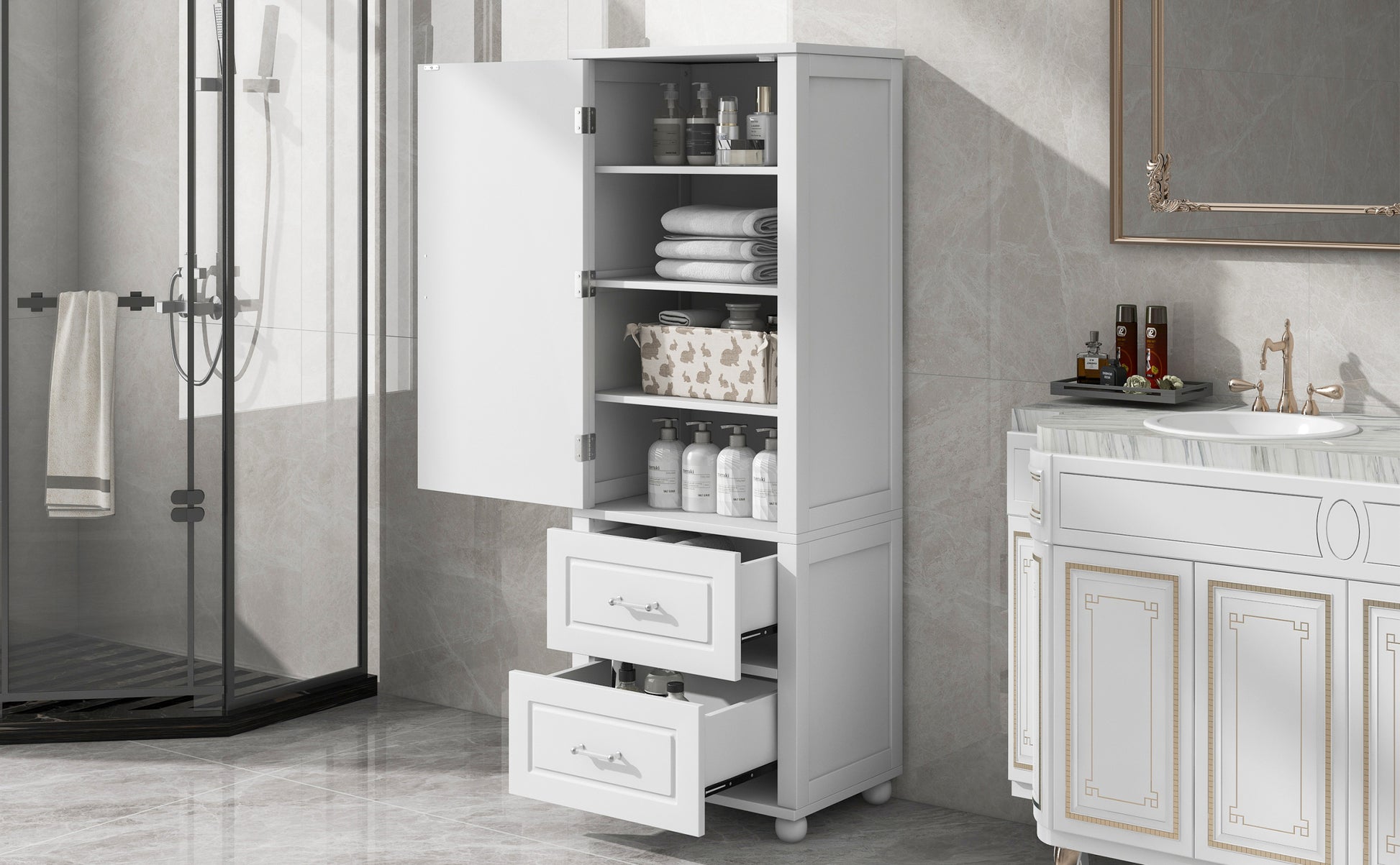 Tall Bathroom Storage Cabinet, Freestanding Storage Cabinet With Two Drawers And Adjustable Shelf, Mdf Board With Painted Finish, White White Mdf