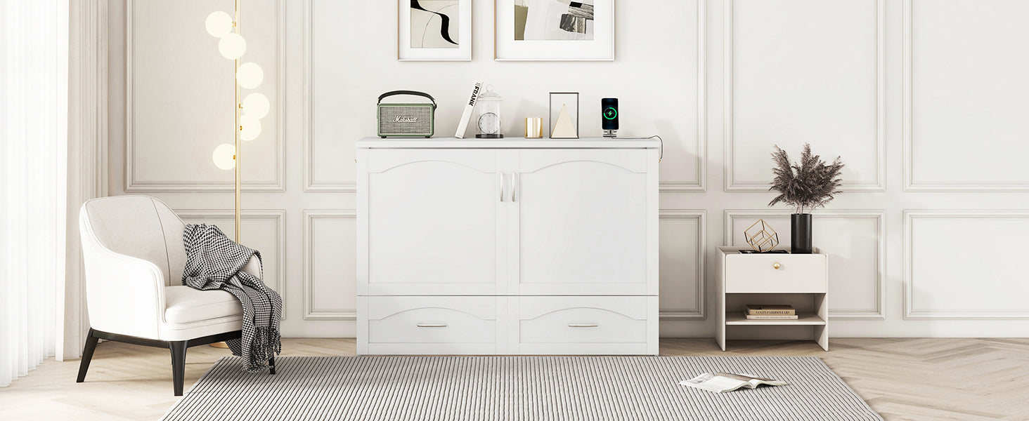 Full Size Murphy Bed Wall Bed With Drawer And A Set Of Sockets & Usb Ports, Pulley Structure Design, White White Solid Wood Mdf